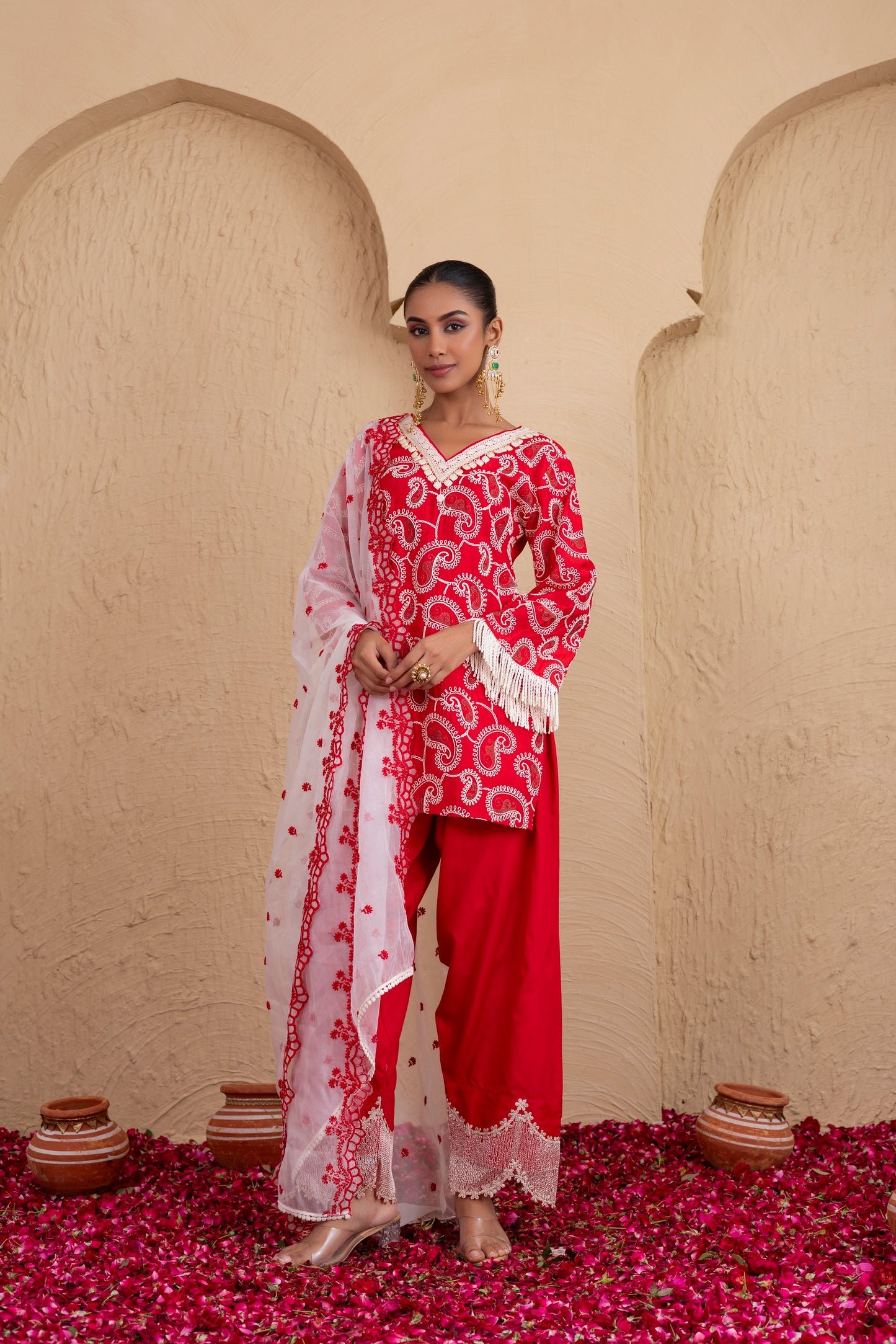 RED AND CREAM PAISLEY EMBROIDERED SUIT SET