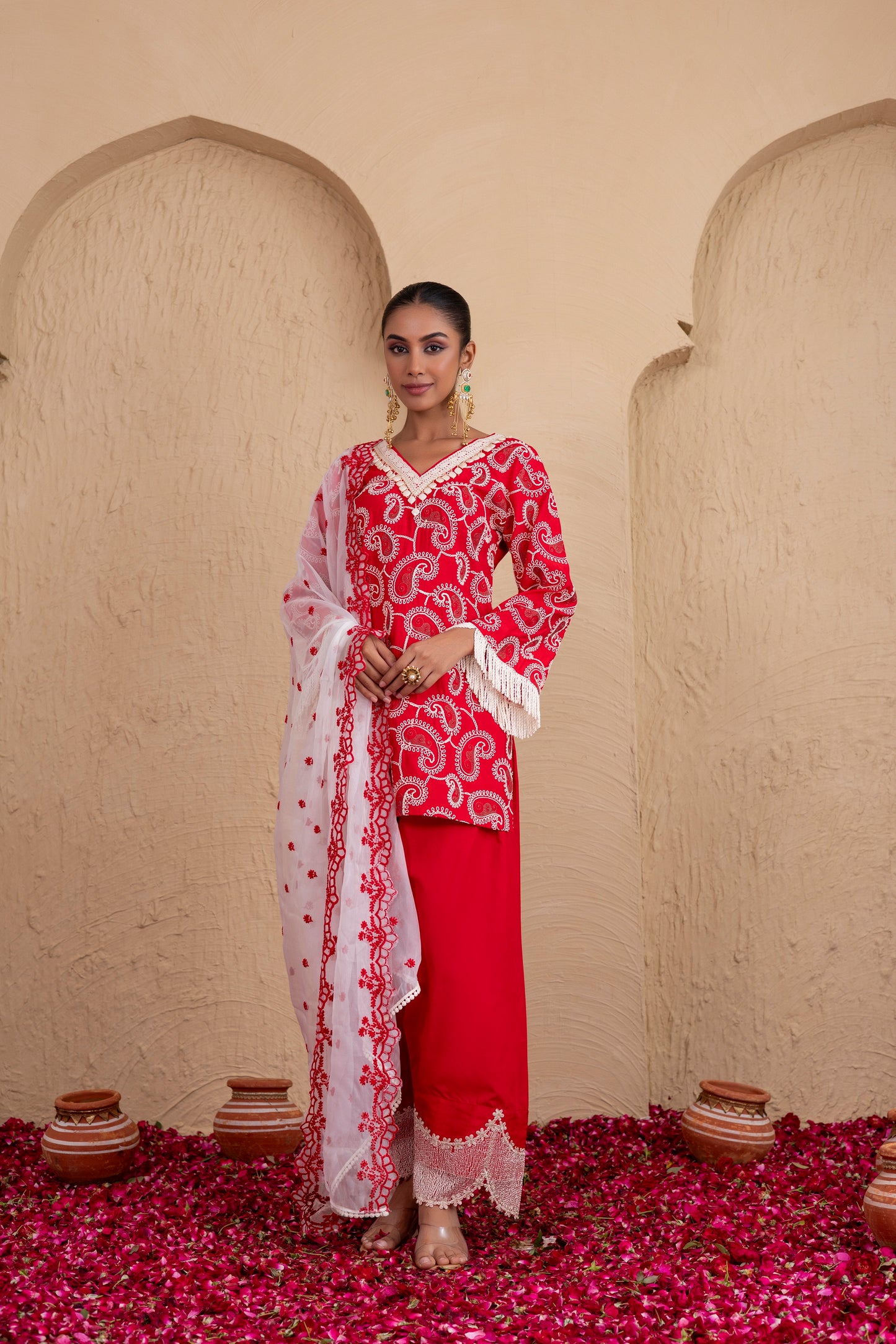 RED AND CREAM PAISLEY EMBROIDERED SUIT SET