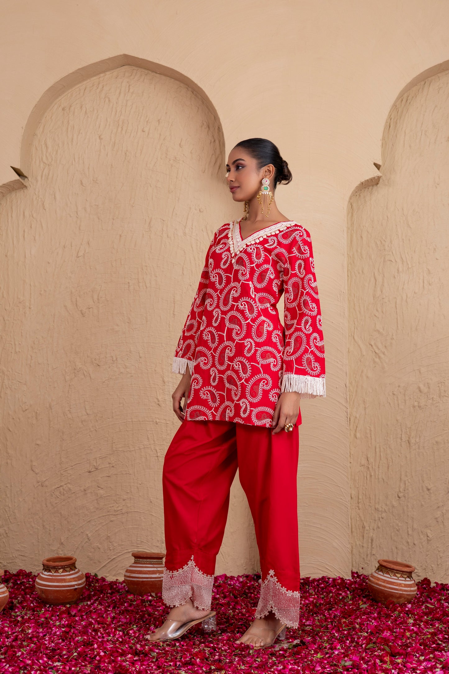 RED AND CREAM PAISLEY EMBROIDERED SUIT SET