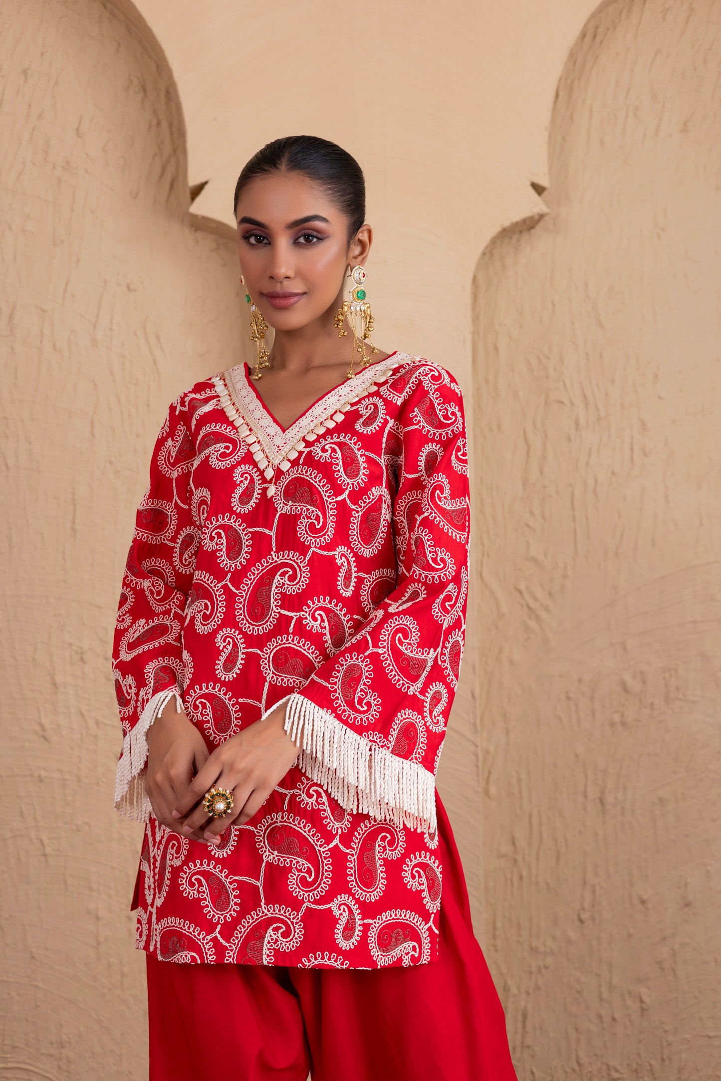 RED AND CREAM PAISLEY EMBROIDERED SUIT SET