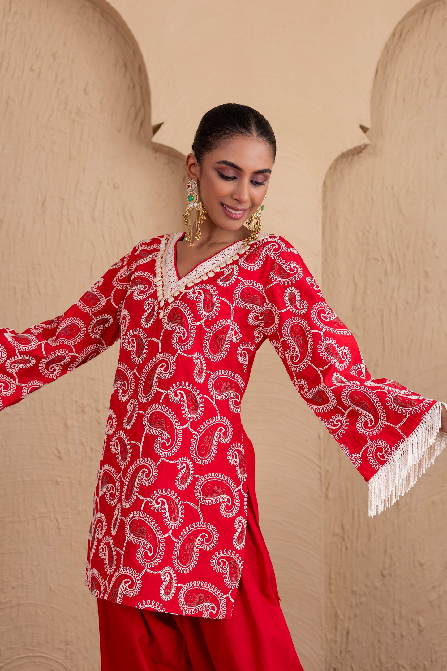 RED AND CREAM PAISLEY EMBROIDERED SUIT SET