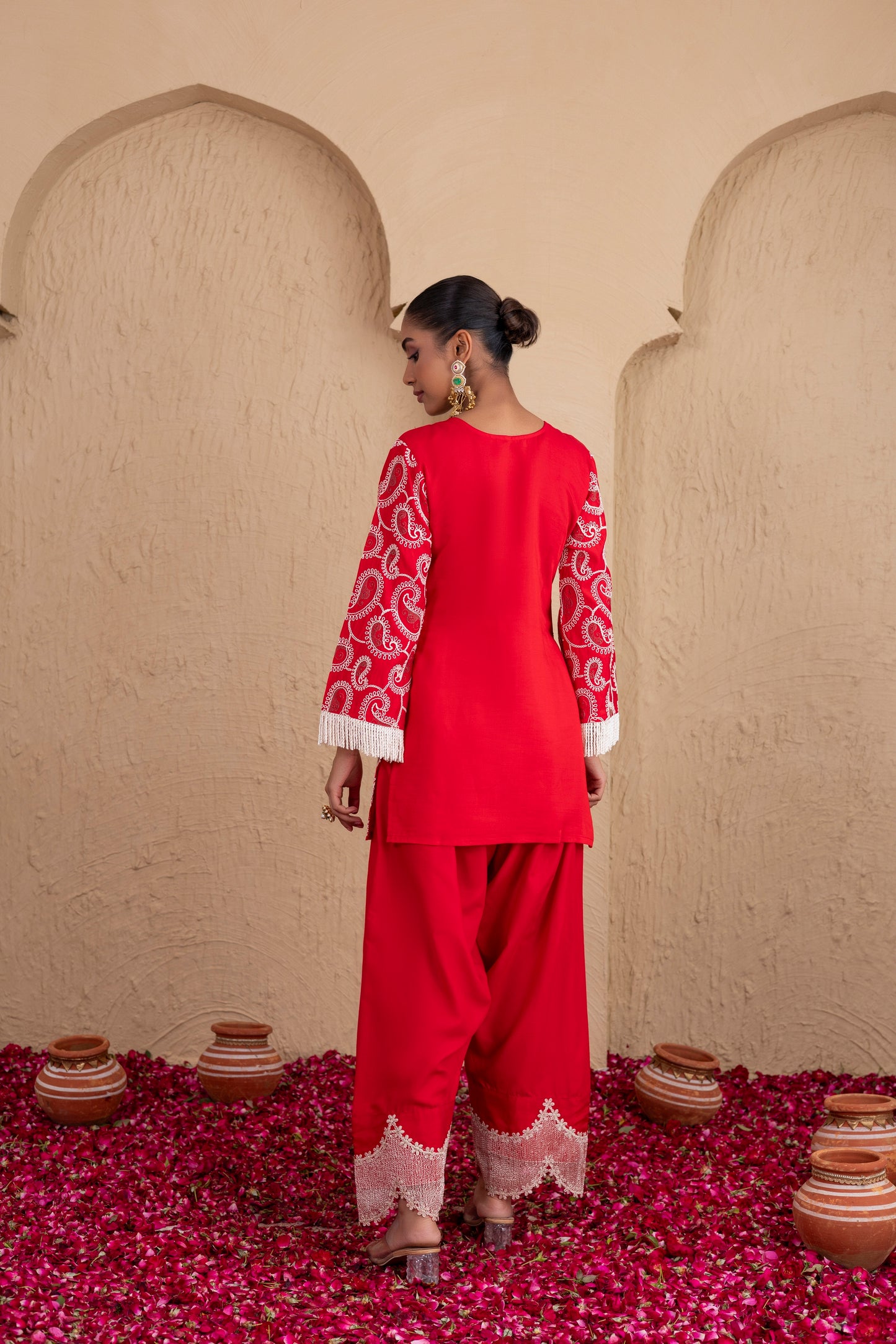 RED AND CREAM PAISLEY EMBROIDERED SUIT SET