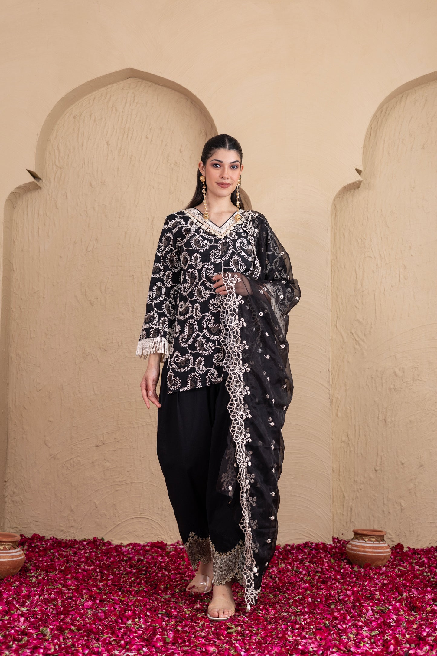 BLACK AND CREAM PAISLEY EMBROIDERED SUIT SET