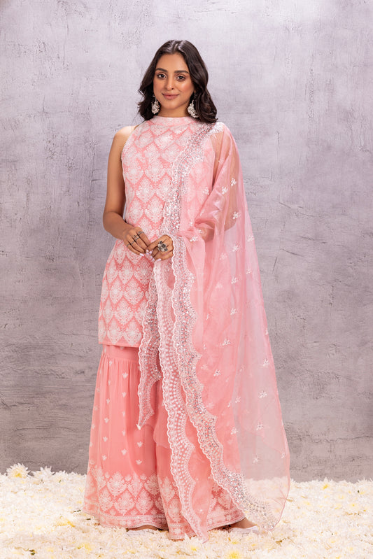 PEACH BLUSH SILVER SEQUENCE EMBROIDERED SUIT SET