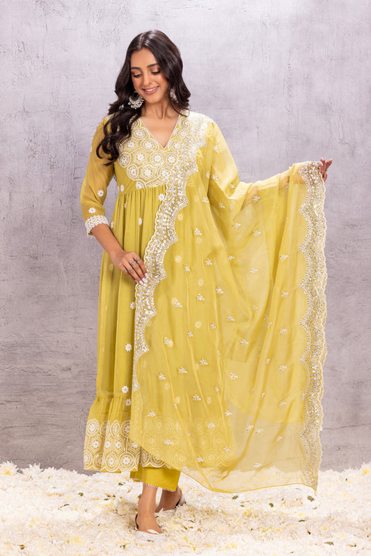 Citrus Lime Flared Suit Set with sequence embellished dupatta