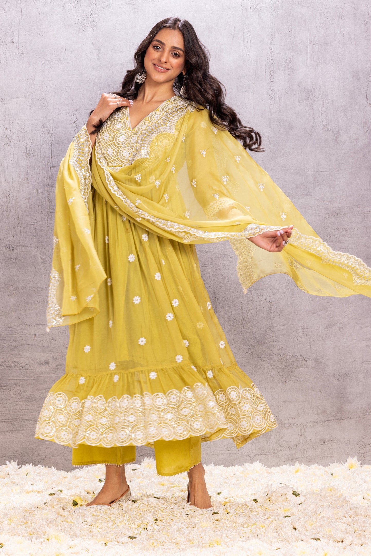 Citrus Lime Flared Suit Set with sequence embellished dupatta