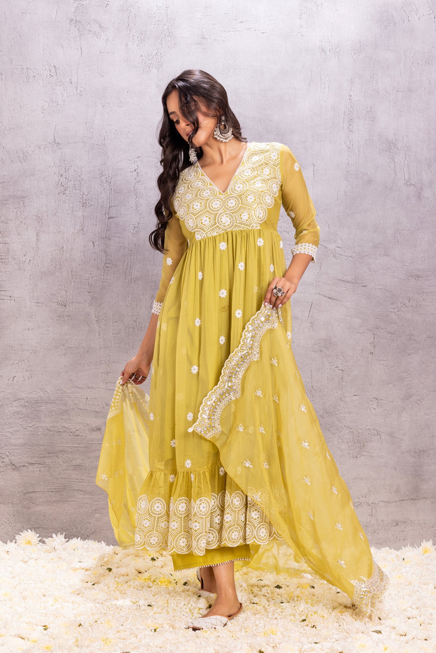 Citrus Lime Flared Suit Set with sequence embellished dupatta