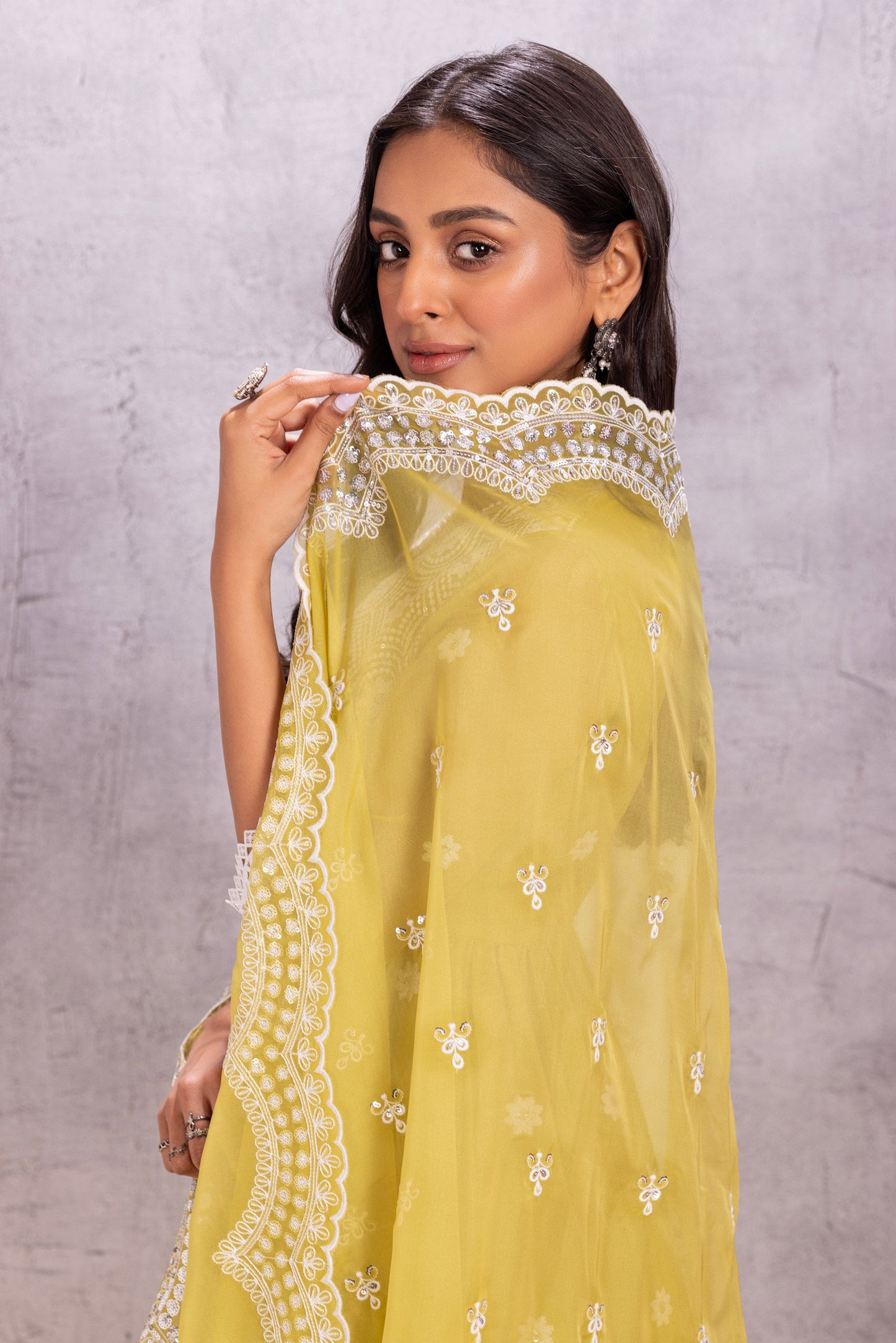 Citrus Lime Flared Suit Set with sequence embellished dupatta