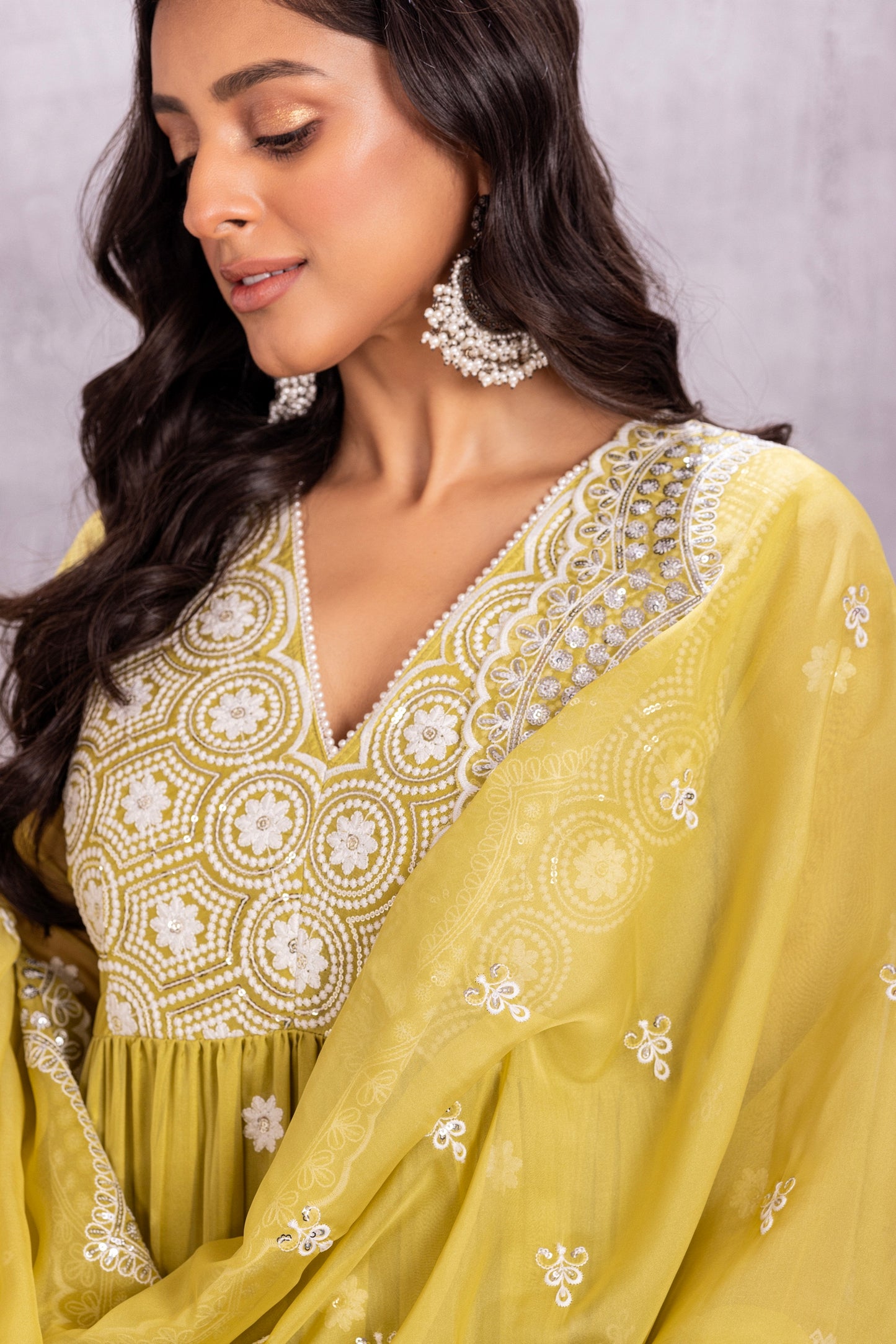 Citrus Lime Flared Suit Set with sequence embellished dupatta