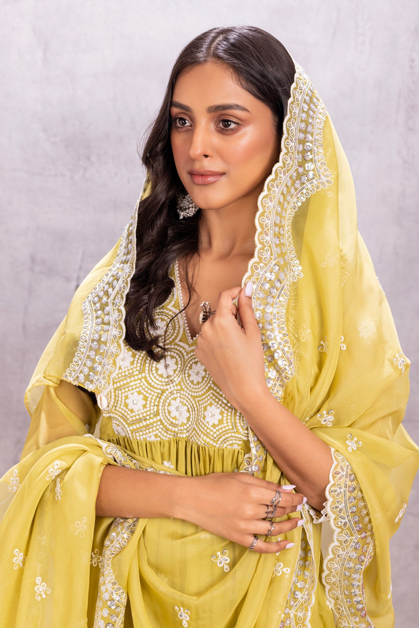 Citrus Lime Flared Suit Set with sequence embellished dupatta