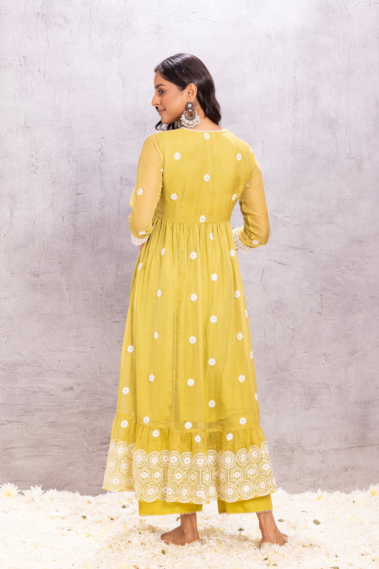 Citrus Lime Flared Suit Set with sequence embellished dupatta
