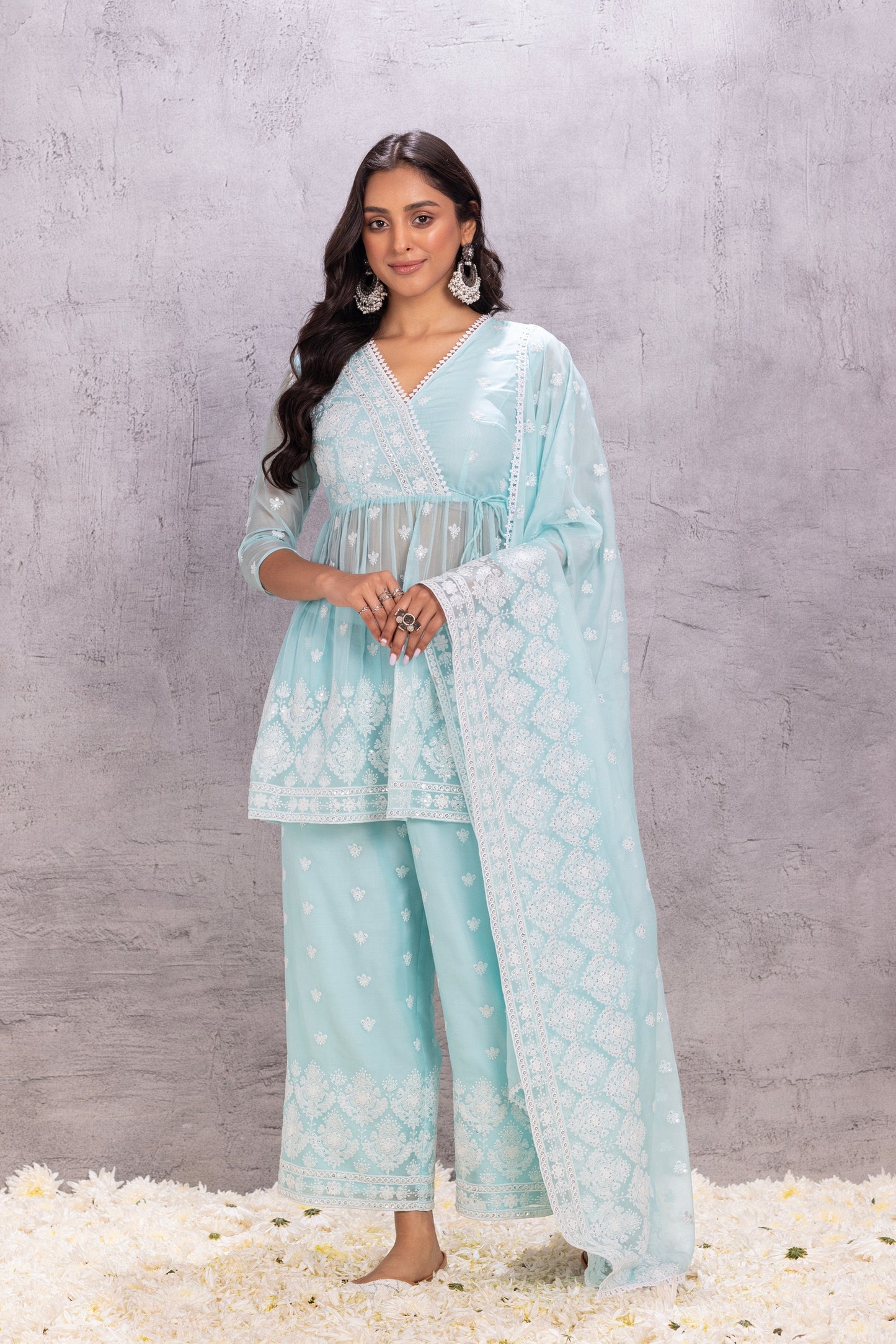 SKY BLUE ORGANZA EMBROIDERED SUIT SET