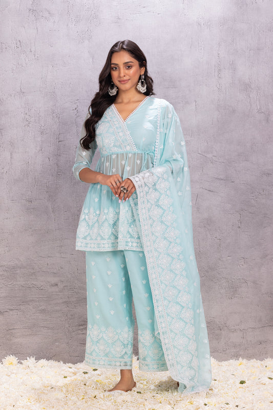 SKY BLUE ORGANZA EMBROIDERED SUIT SET