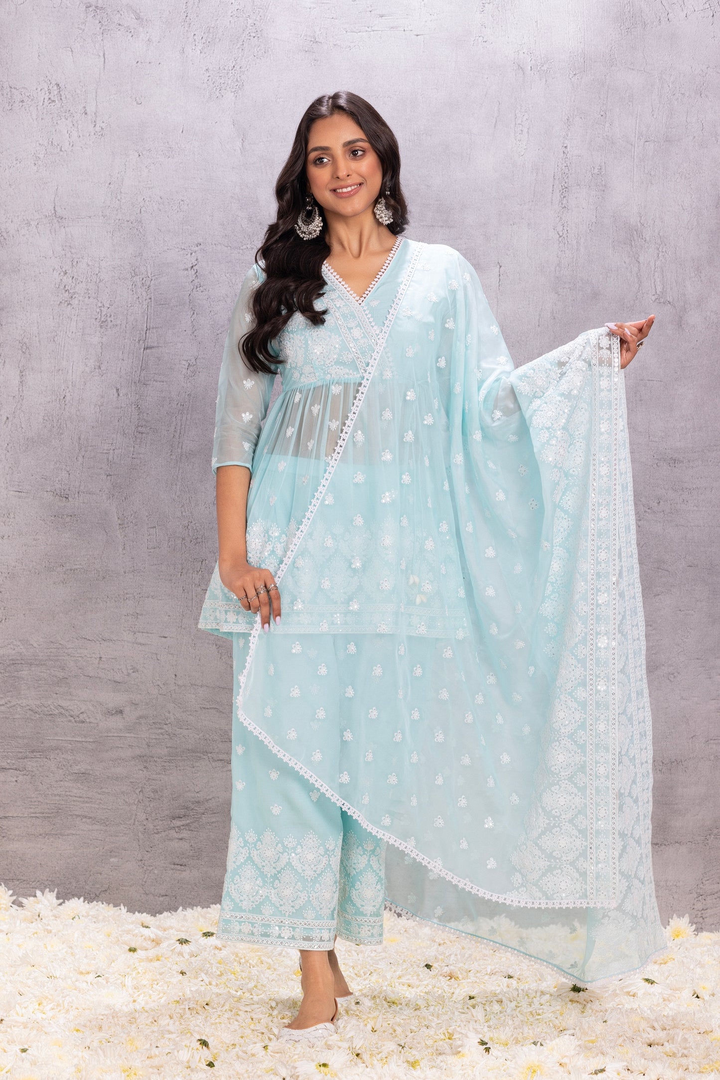 SKY BLUE ORGANZA EMBROIDERED SUIT SET