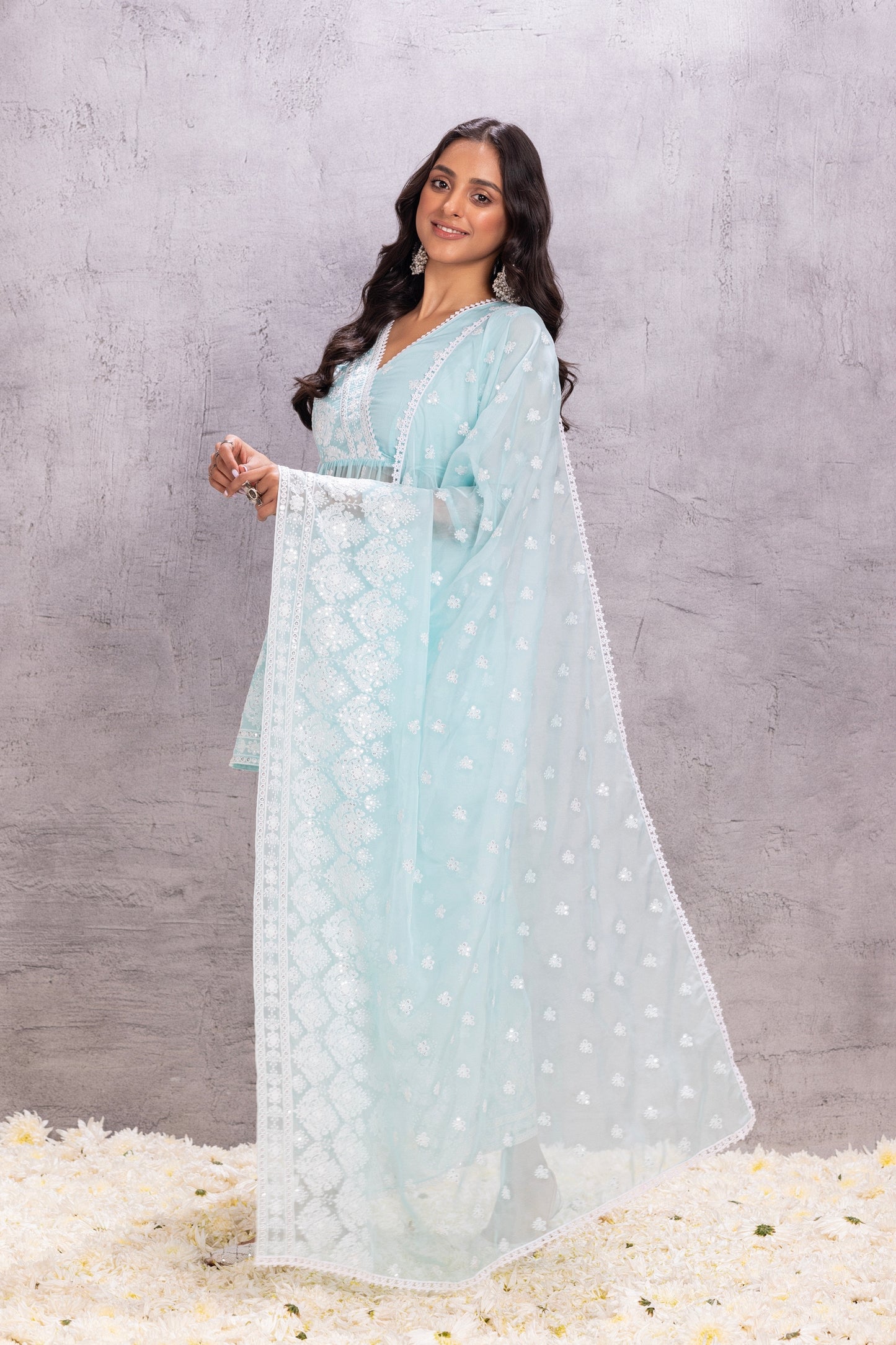 SKY BLUE ORGANZA EMBROIDERED SUIT SET