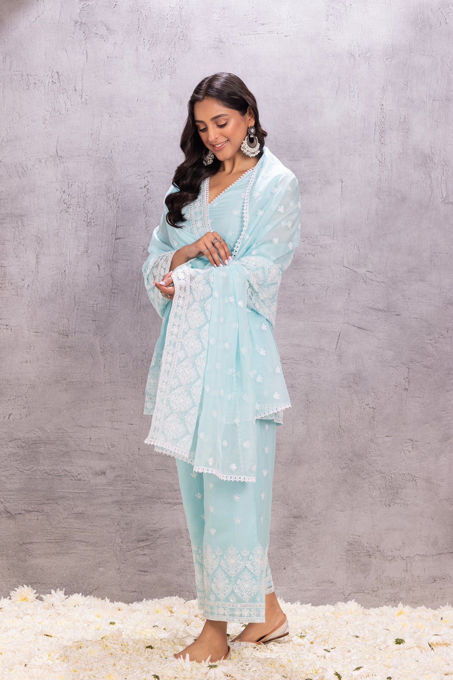 SKY BLUE ORGANZA EMBROIDERED SUIT SET