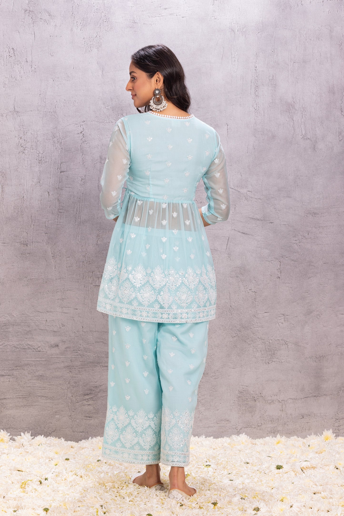 SKY BLUE ORGANZA EMBROIDERED SUIT SET