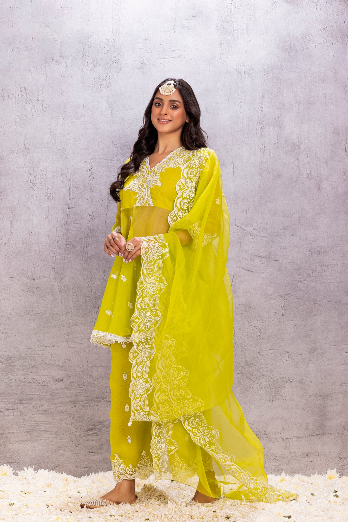 BRIGHT LIME ORGANZA EMBROIDERED SUIT SET