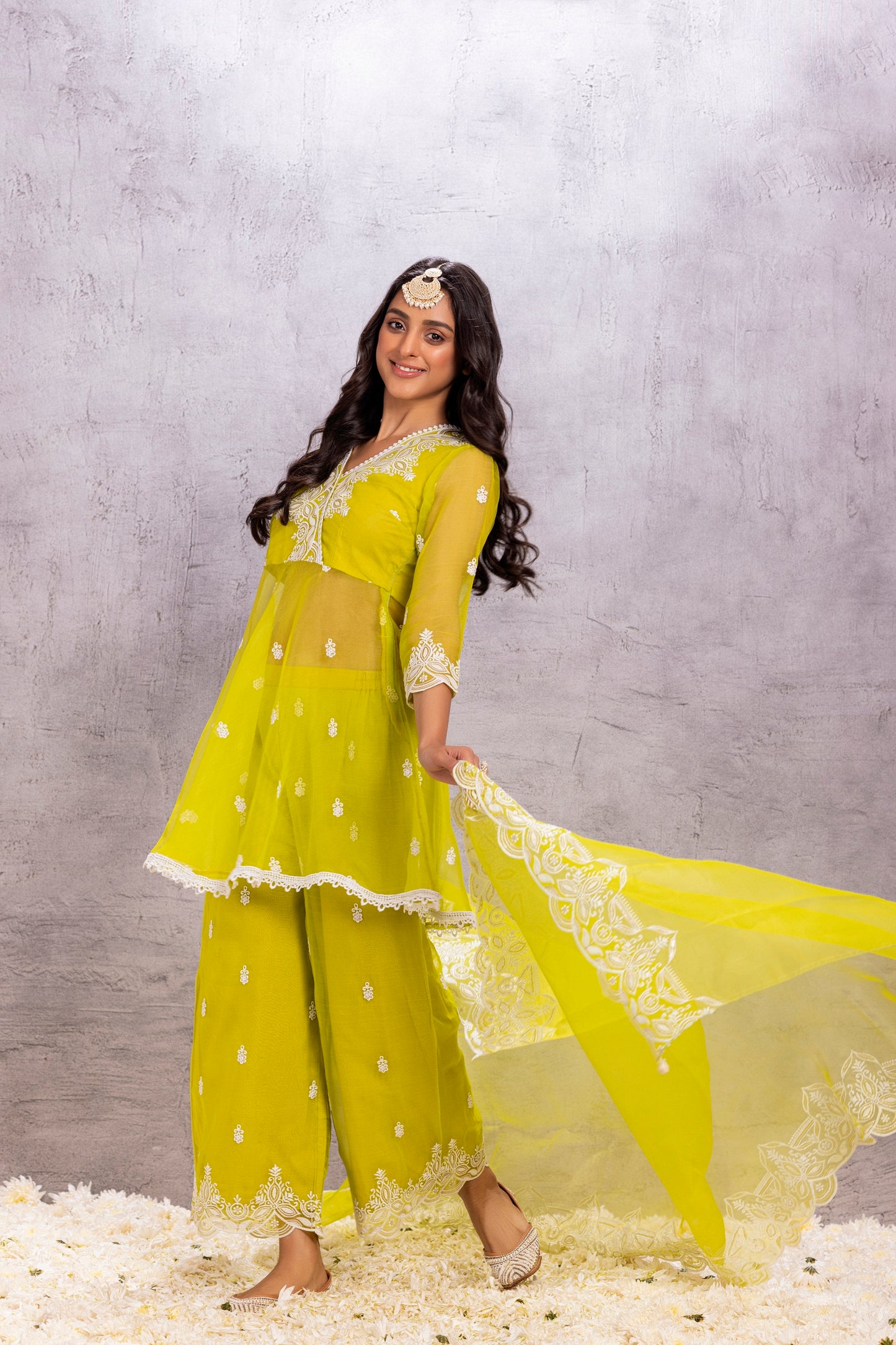 BRIGHT LIME ORGANZA EMBROIDERED SUIT SET