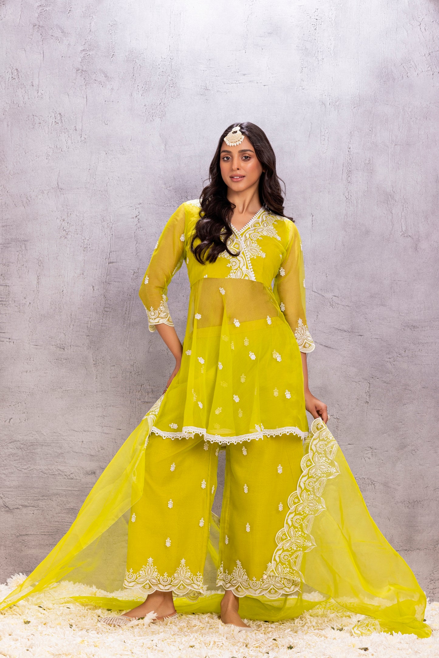 BRIGHT LIME ORGANZA EMBROIDERED SUIT SET