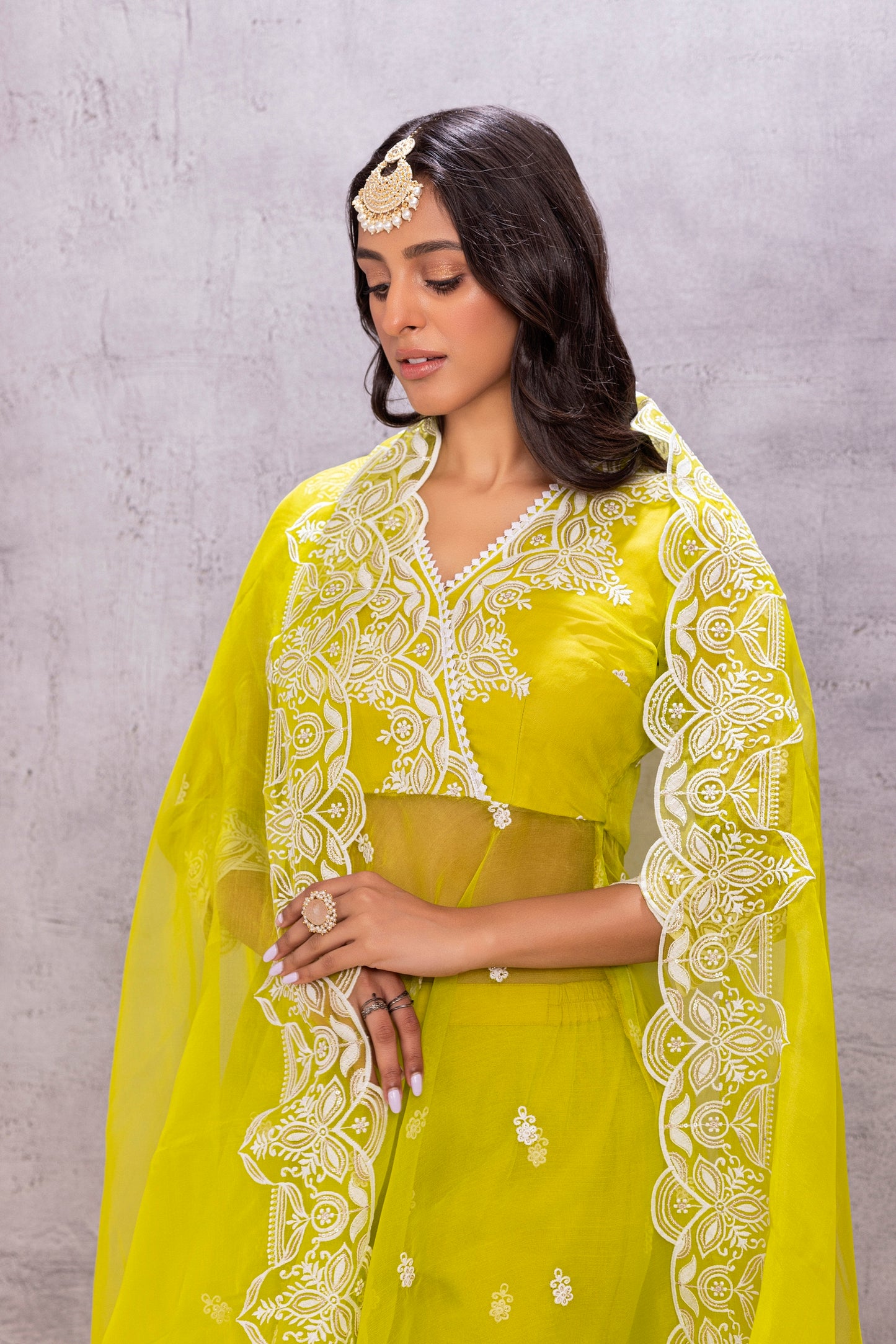 BRIGHT LIME ORGANZA EMBROIDERED SUIT SET