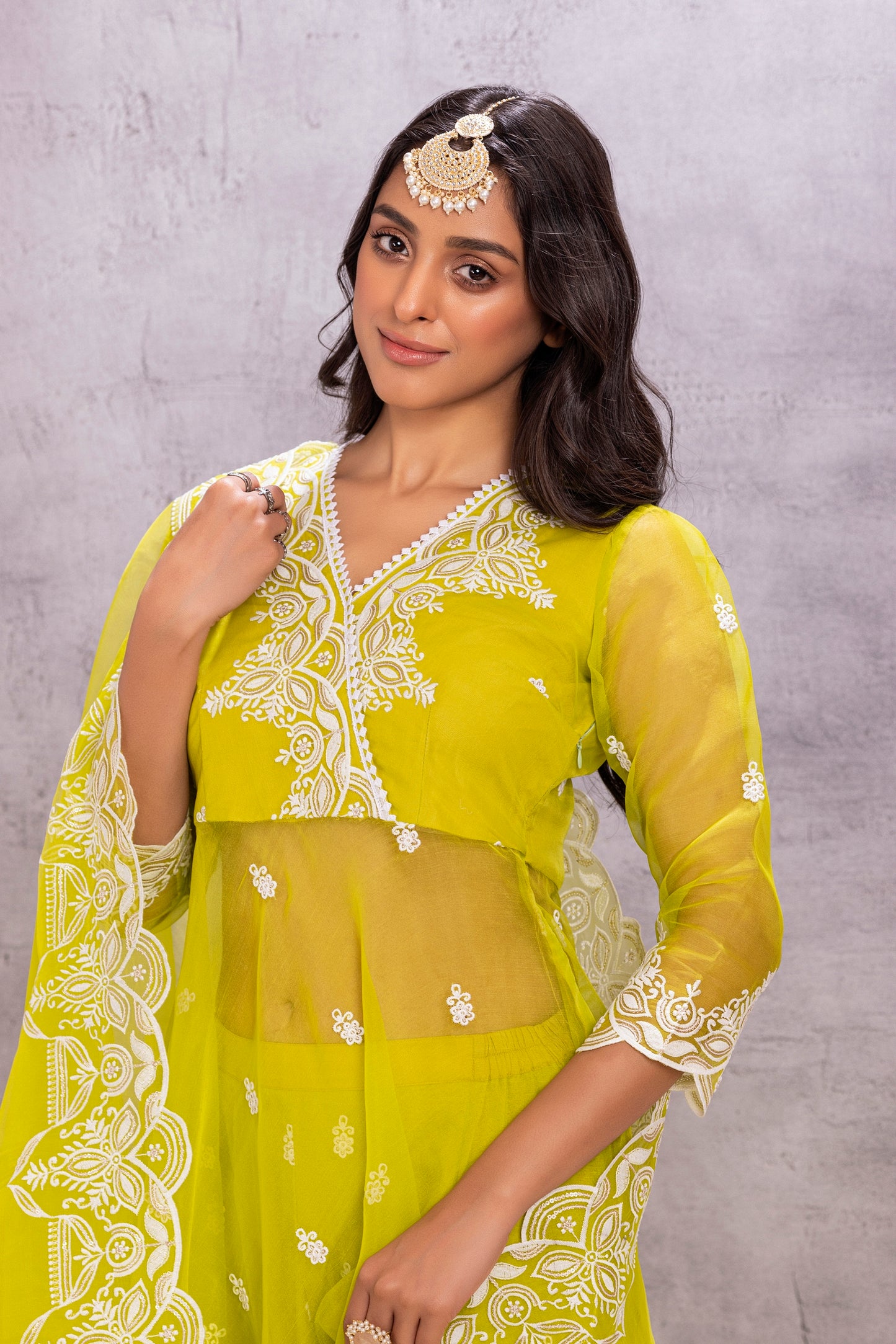 BRIGHT LIME ORGANZA EMBROIDERED SUIT SET