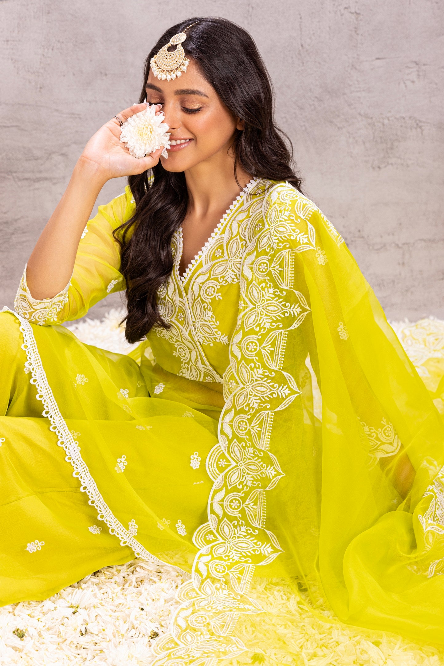 BRIGHT LIME ORGANZA EMBROIDERED SUIT SET