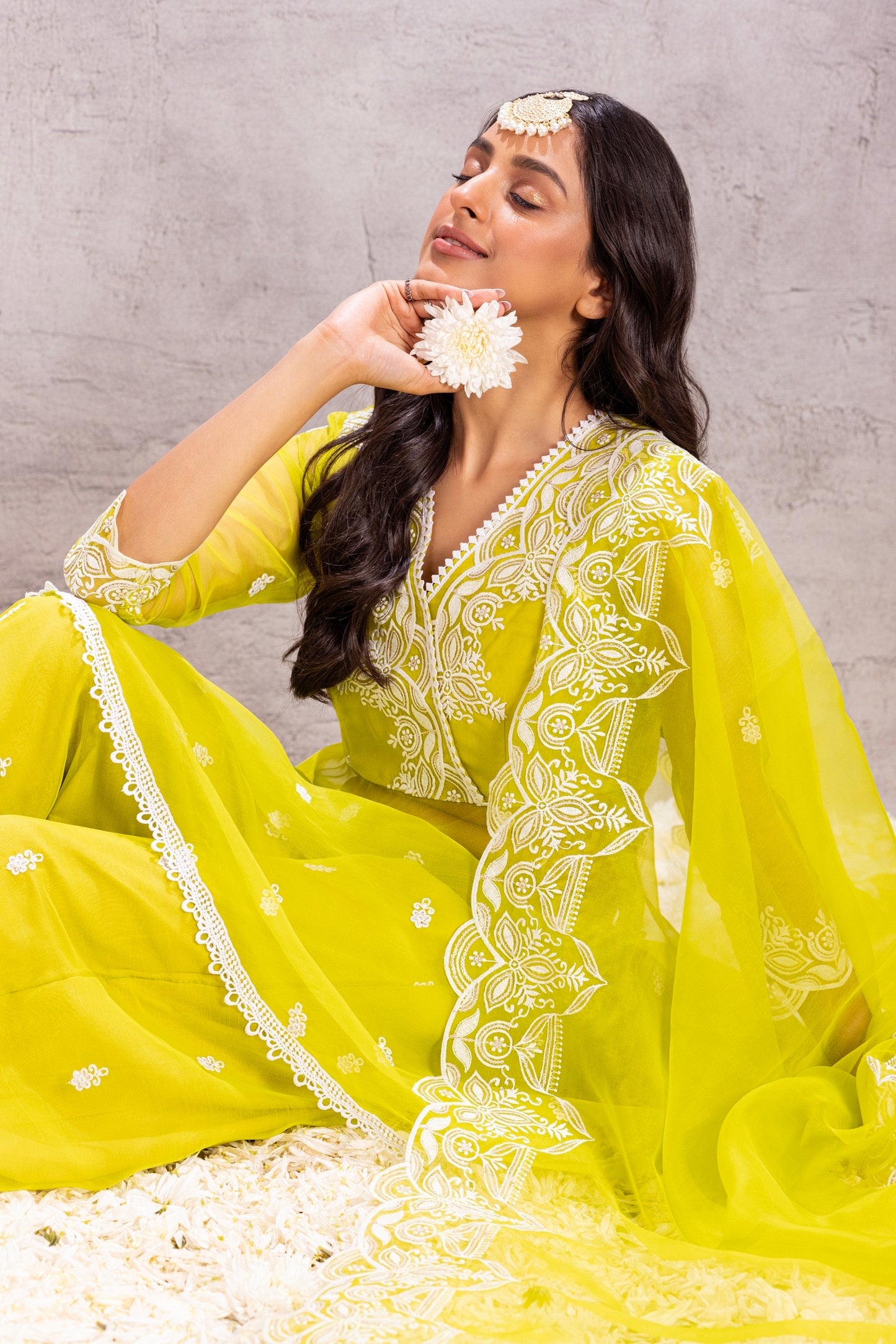 BRIGHT LIME ORGANZA EMBROIDERED SUIT SET