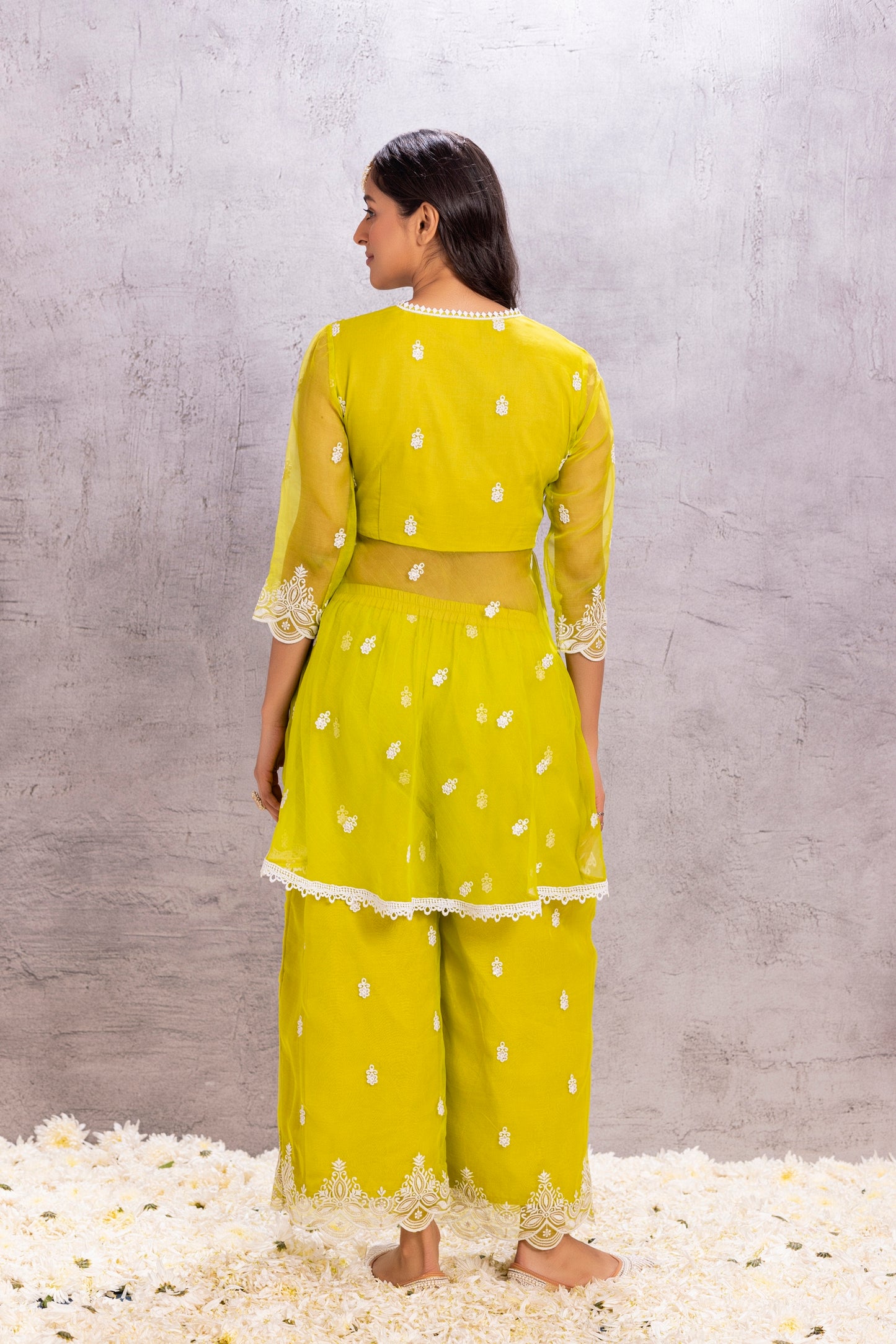 BRIGHT LIME ORGANZA EMBROIDERED SUIT SET