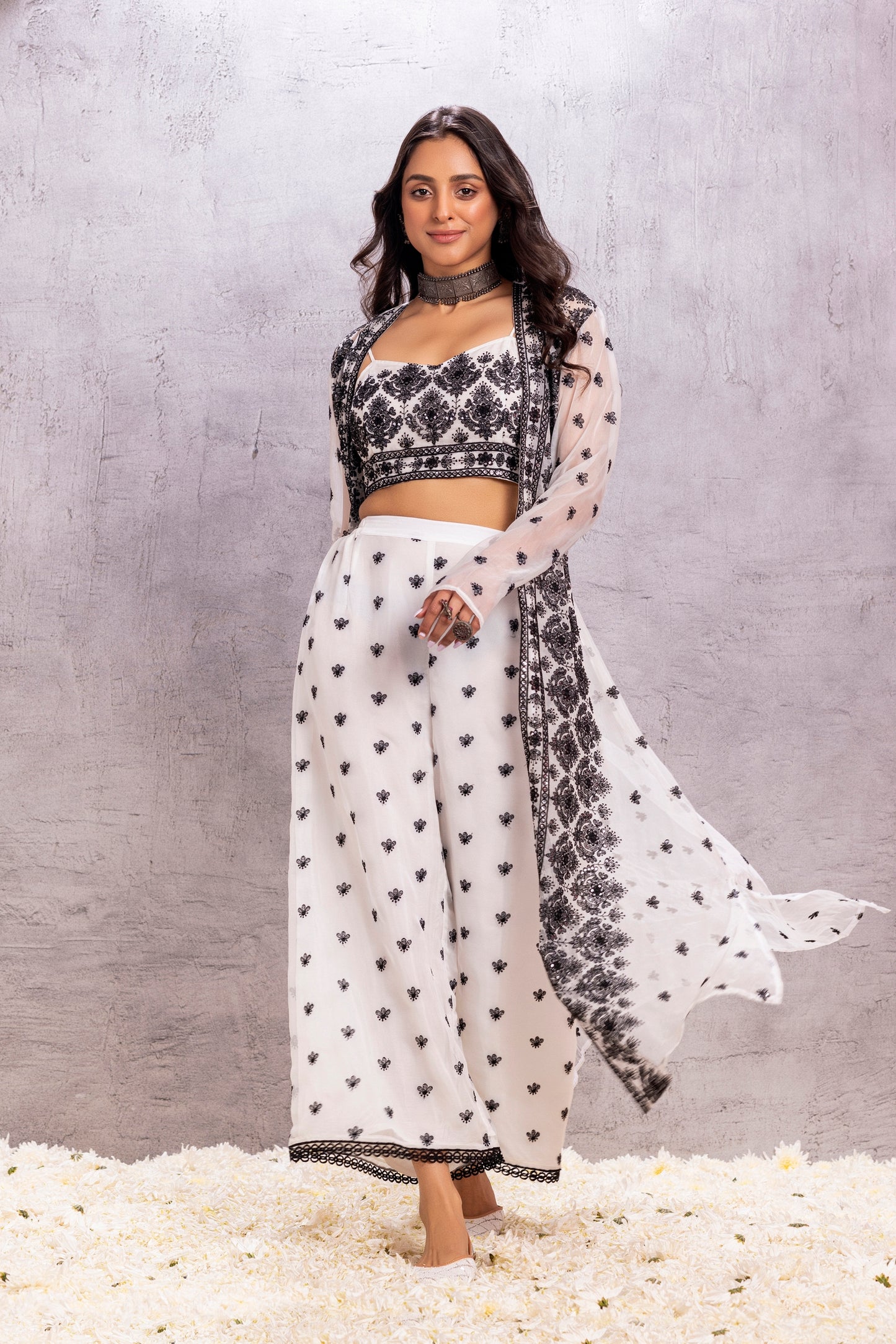 Off-WHITE AND BLACK EMBROIDERED INDO-WESTERN SET