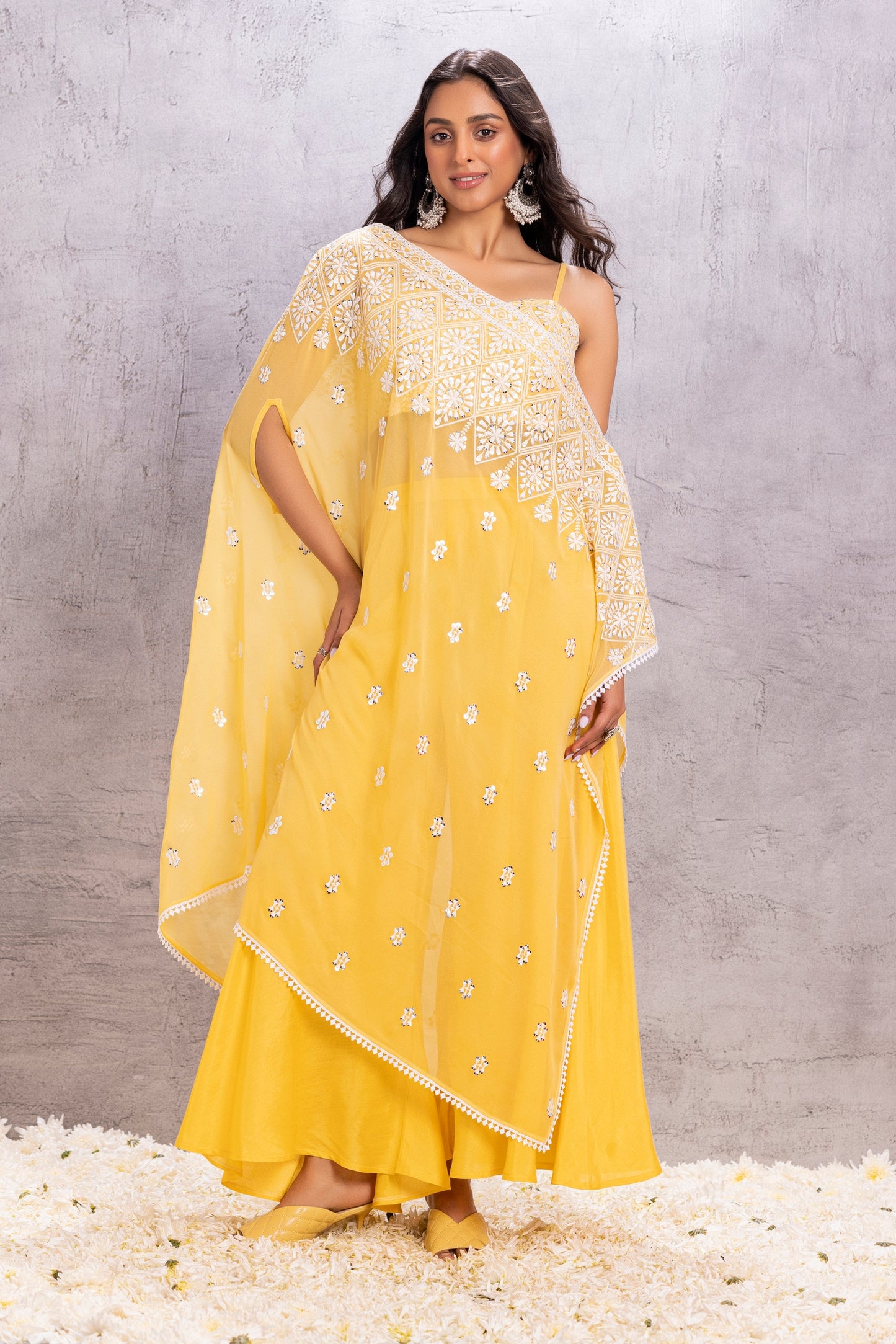 YELLOW EMBROIDERED SAREE STYLE KAFTAN SET