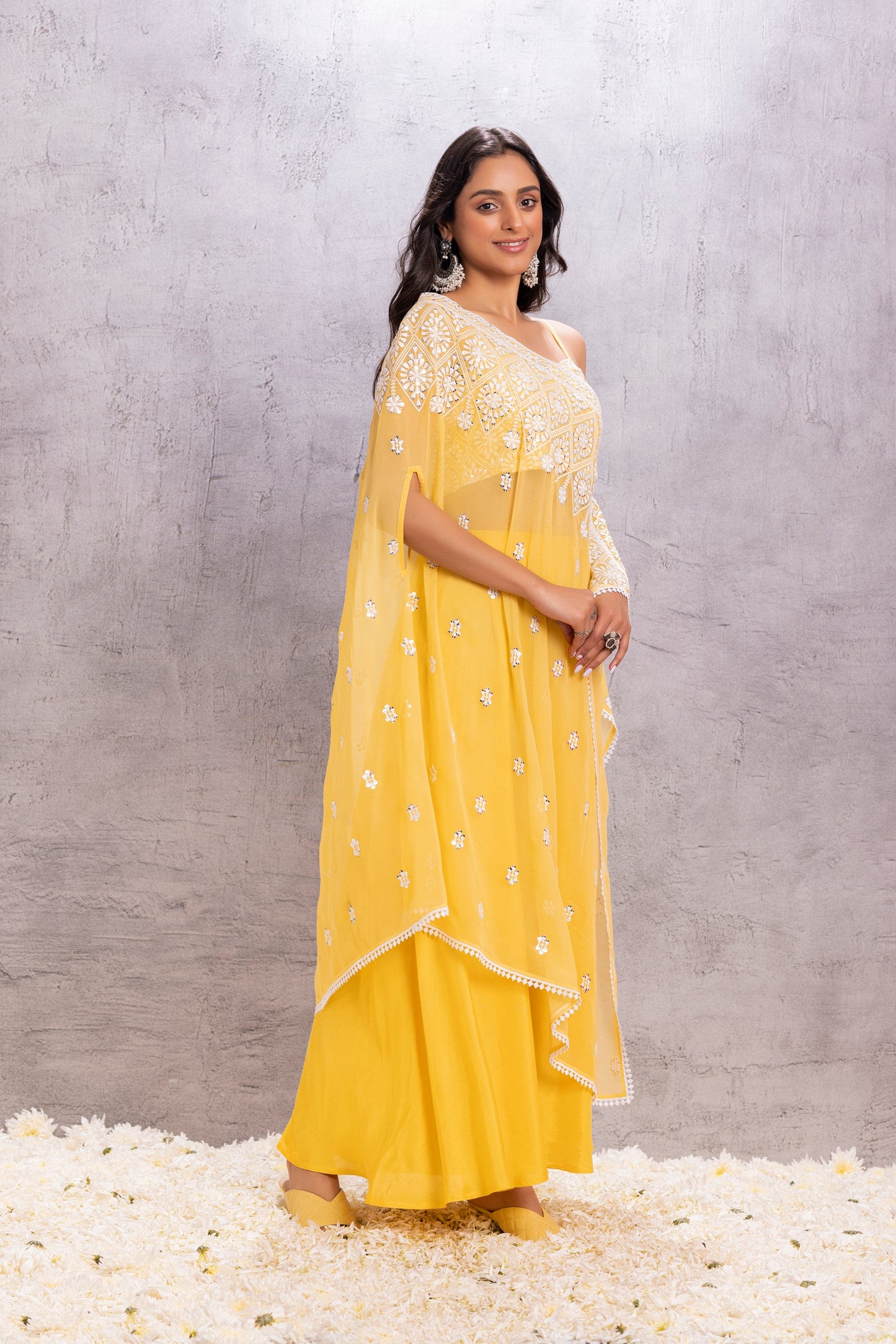 YELLOW EMBROIDERED SAREE STYLE KAFTAN SET