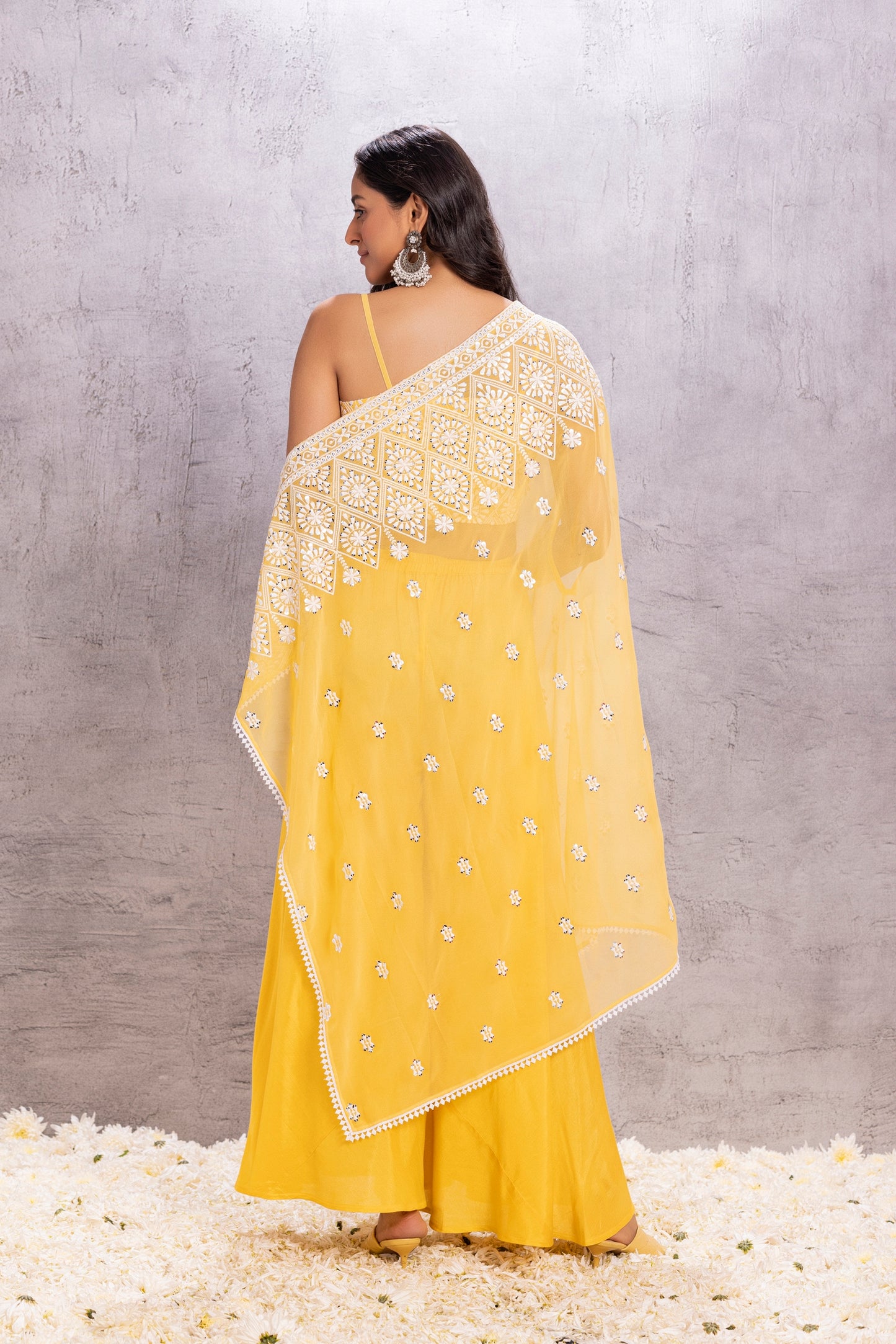 YELLOW EMBROIDERED SAREE STYLE KAFTAN SET