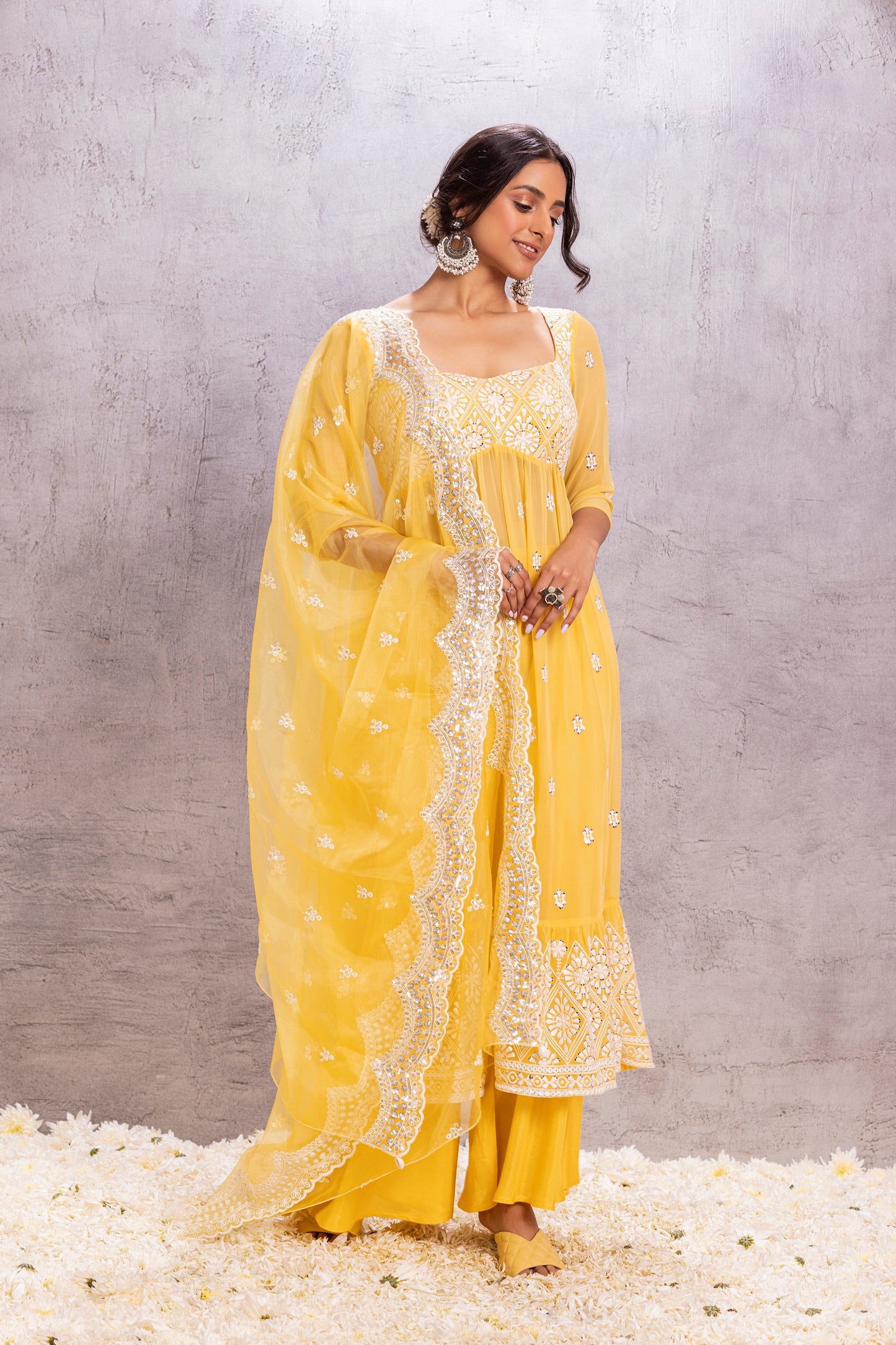 YELLOW TUSCAN FLARED EMBROIDERED SUIT SET