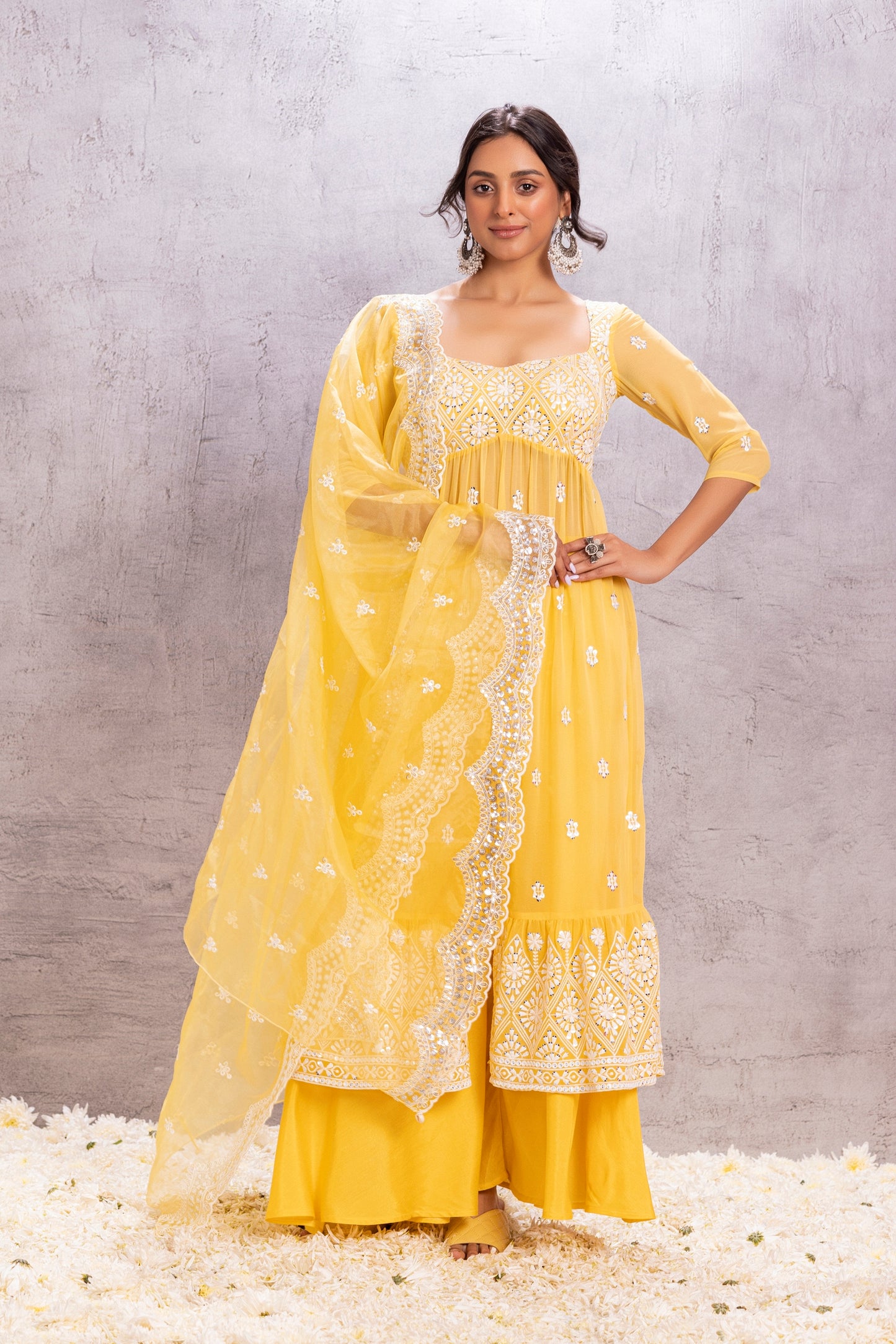 YELLOW TUSCAN FLARED EMBROIDERED SUIT SET