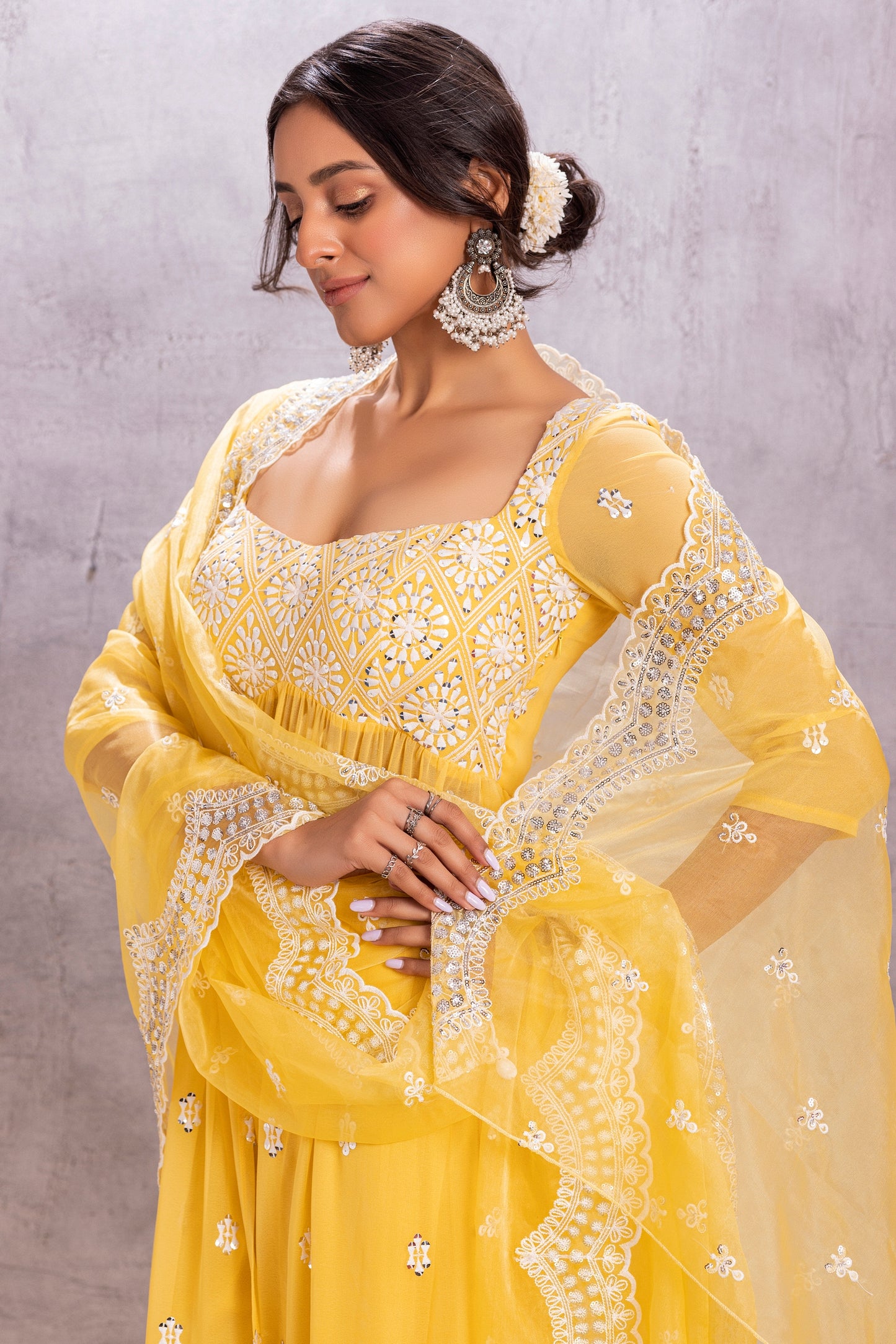 YELLOW TUSCAN FLARED EMBROIDERED SUIT SET