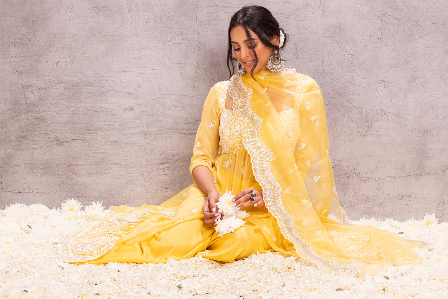 YELLOW TUSCAN FLARED EMBROIDERED SUIT SET