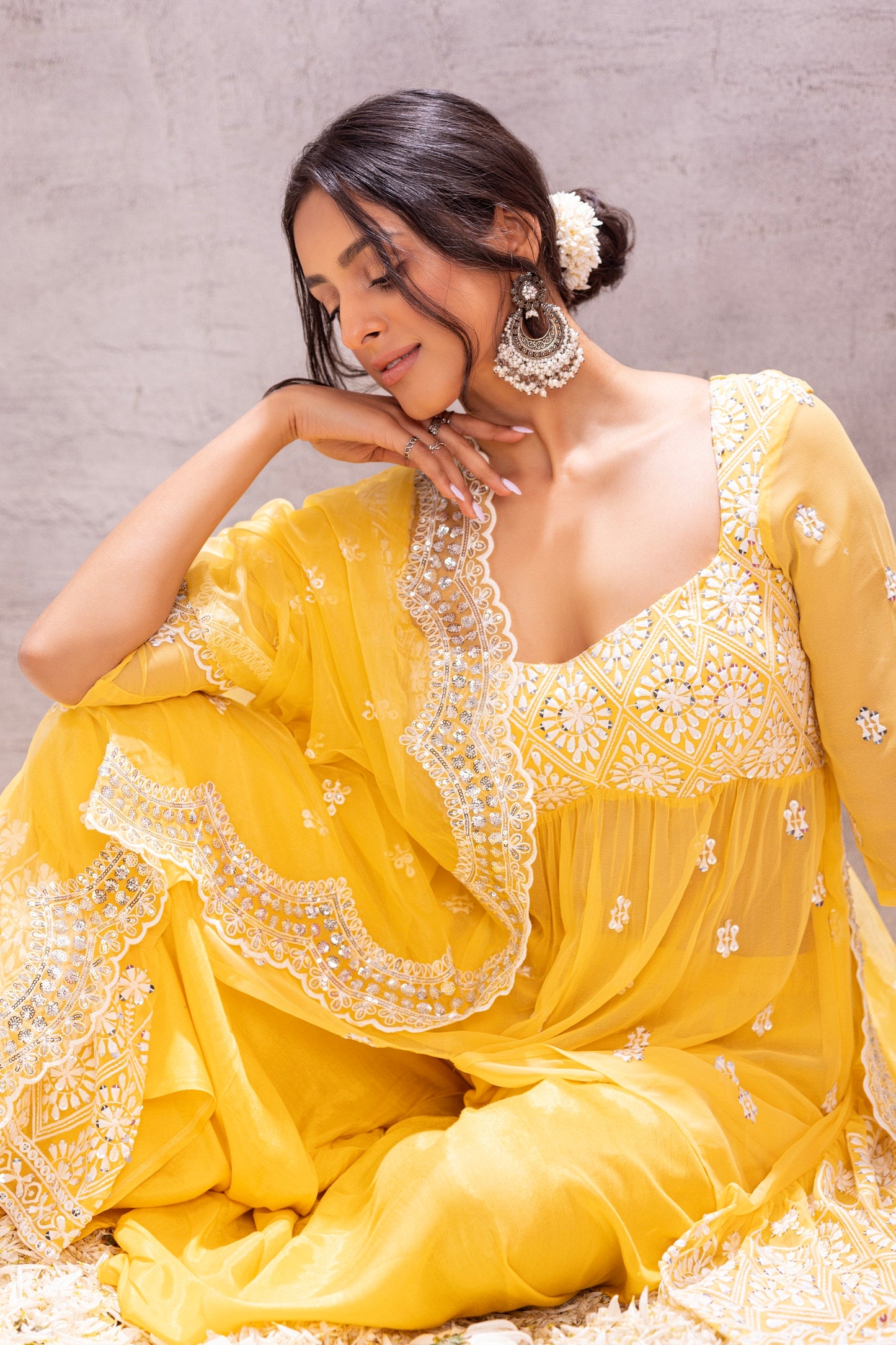 YELLOW TUSCAN FLARED EMBROIDERED SUIT SET