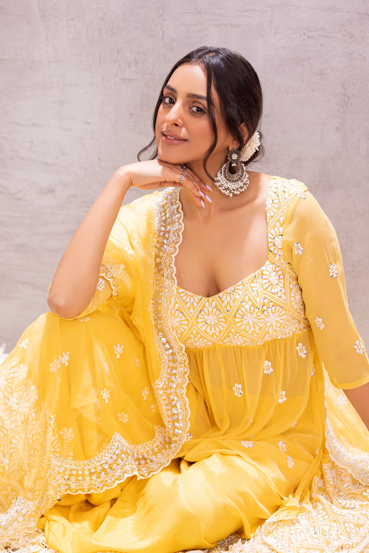 YELLOW TUSCAN FLARED EMBROIDERED SUIT SET