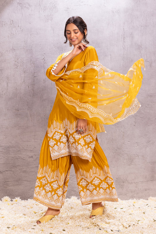 MUSTARD Crepe SUIT SET WITH ORGANZA DUPATTA