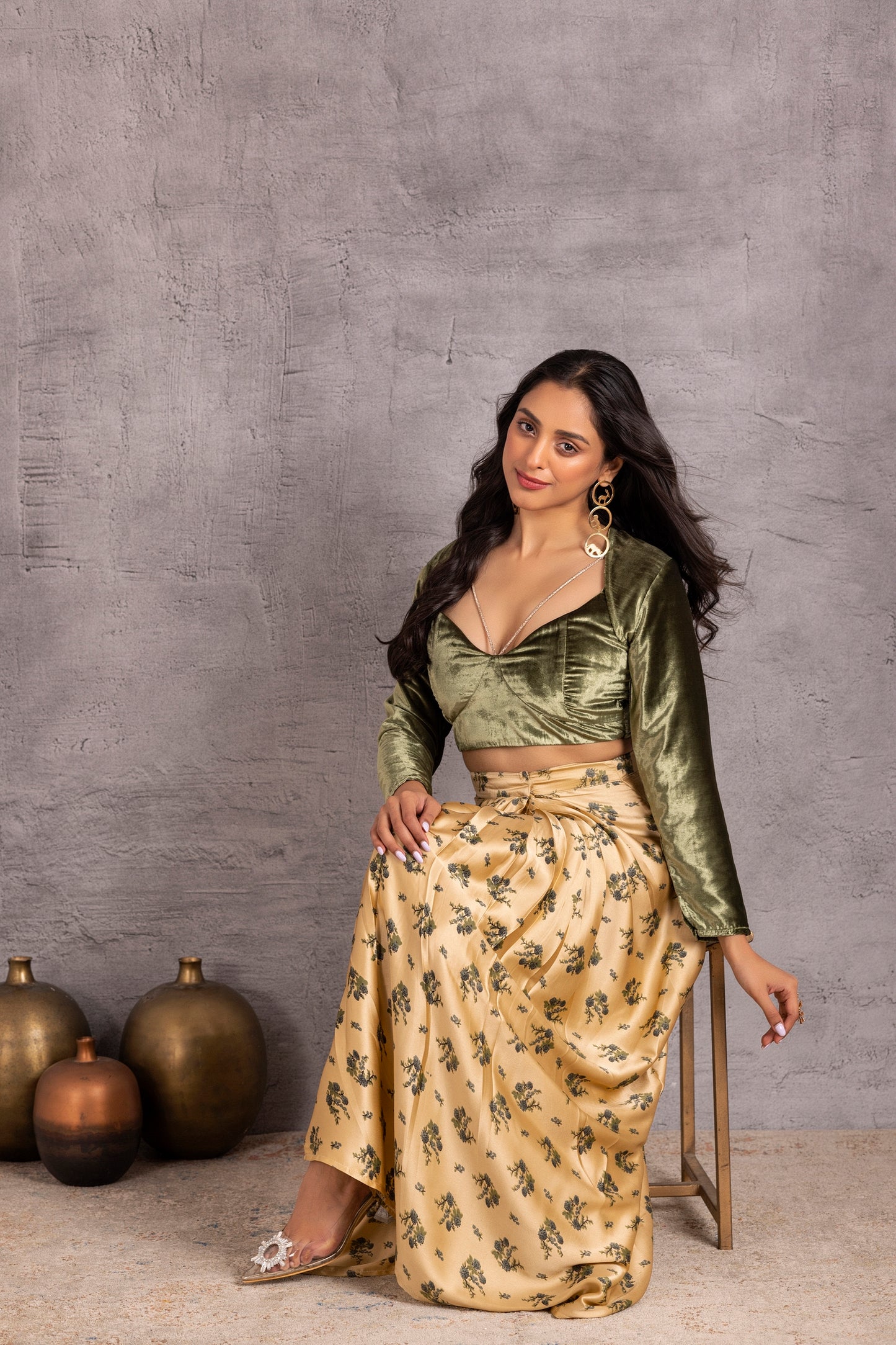 Dark Green Velvet Crop Top and Printed Skirt Set