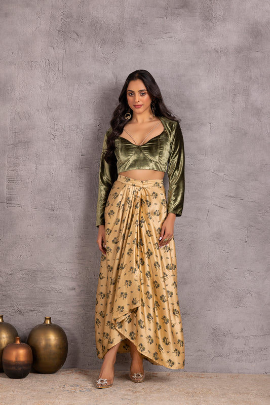 Dark Green Velvet Crop Top and Printed Skirt Set