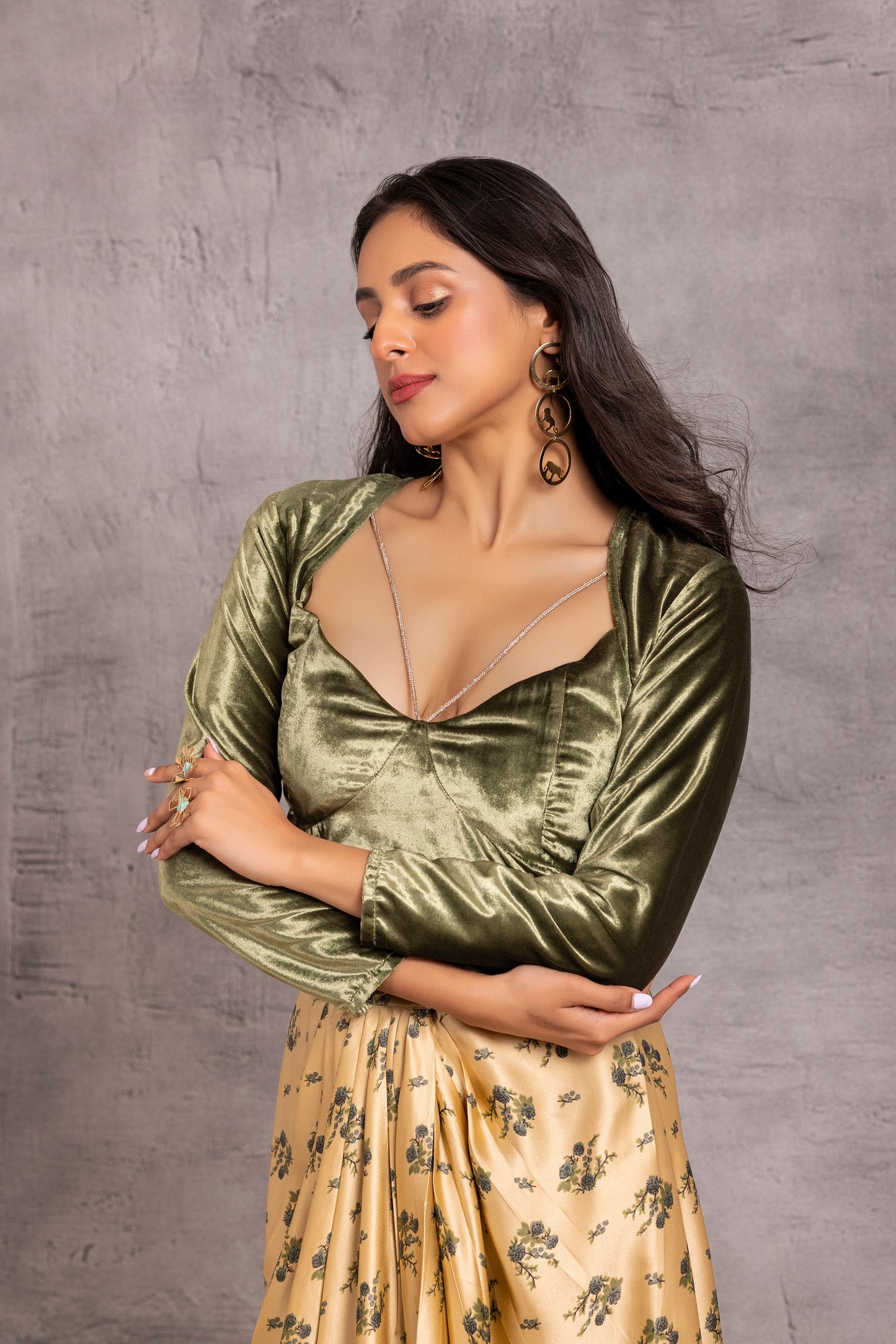 Dark Green Velvet Crop Top and Printed Skirt Set