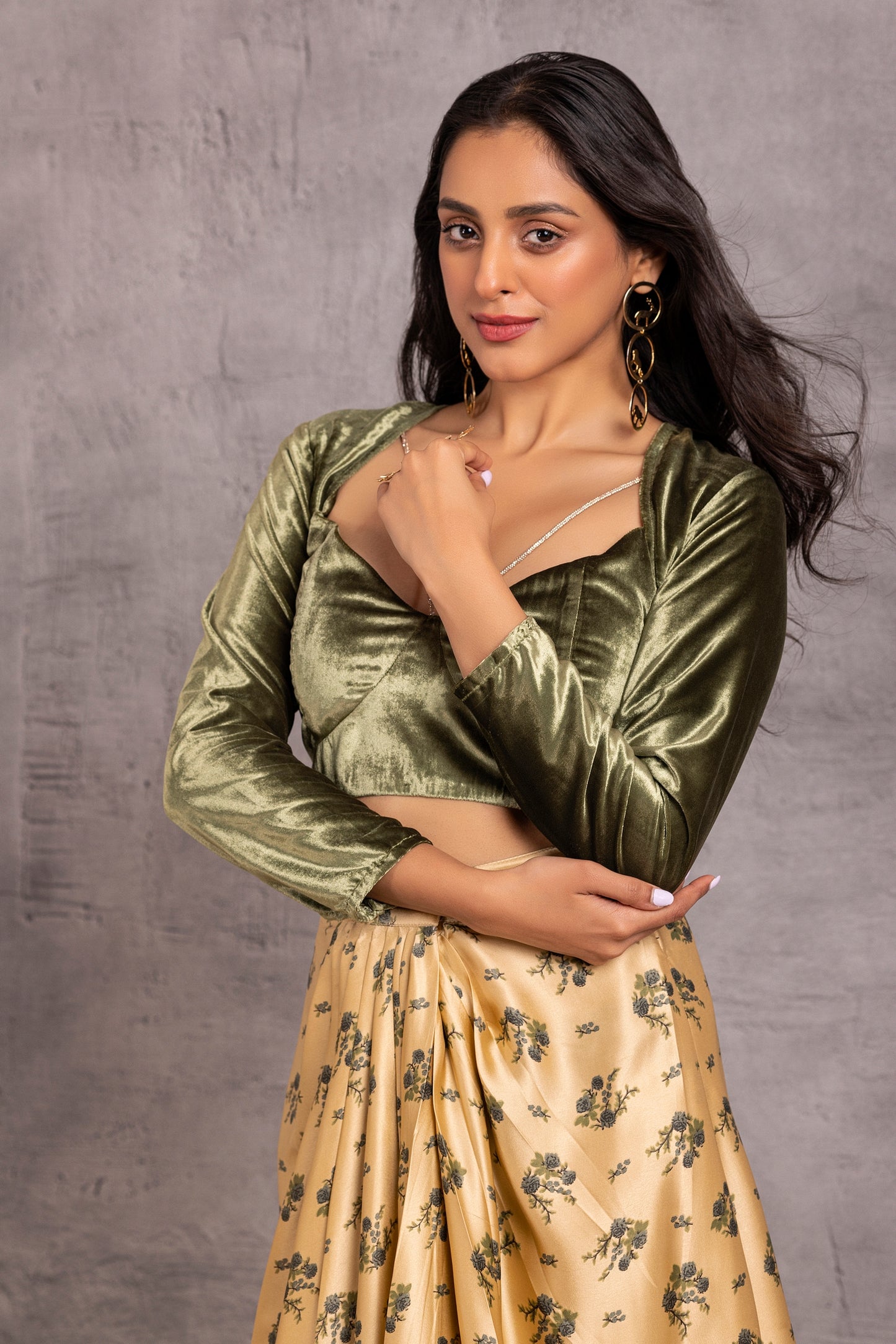 Dark Green Velvet Crop Top and Printed Skirt Set