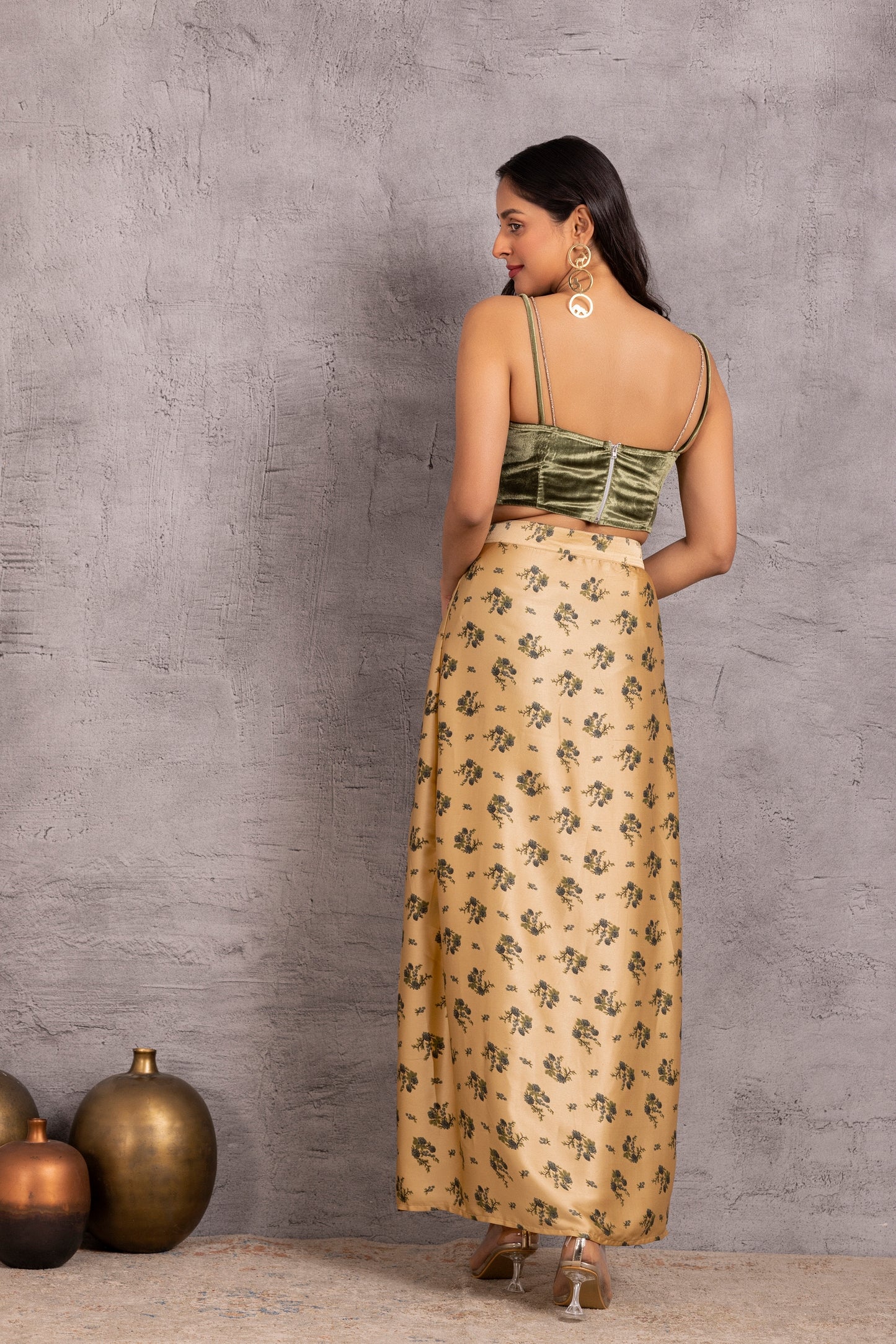 Dark Green Velvet Crop Top and Printed Skirt Set