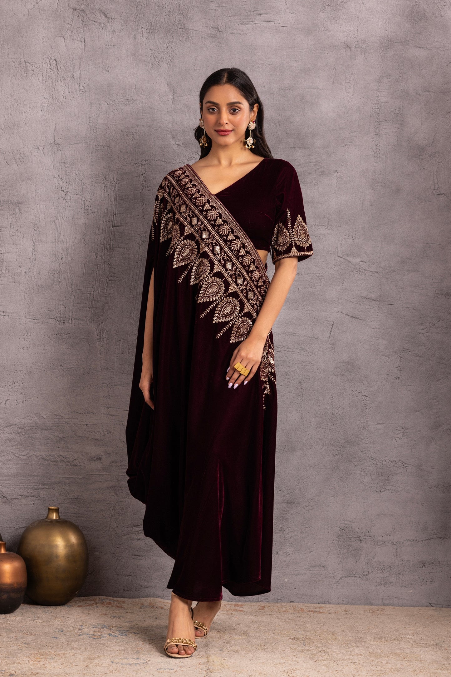 WINE VELVET Saree drape fusion dress