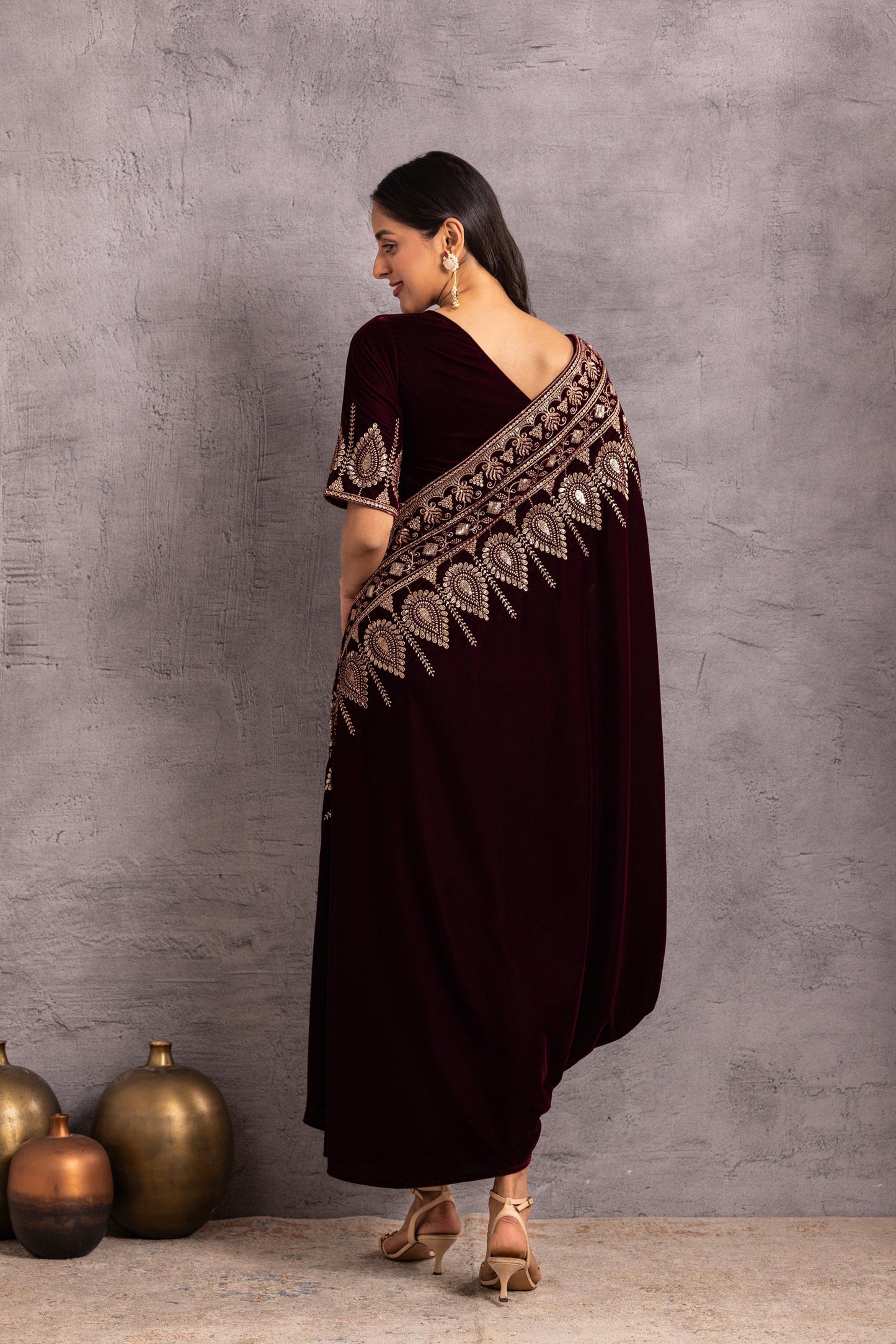 WINE VELVET Saree drape fusion dress