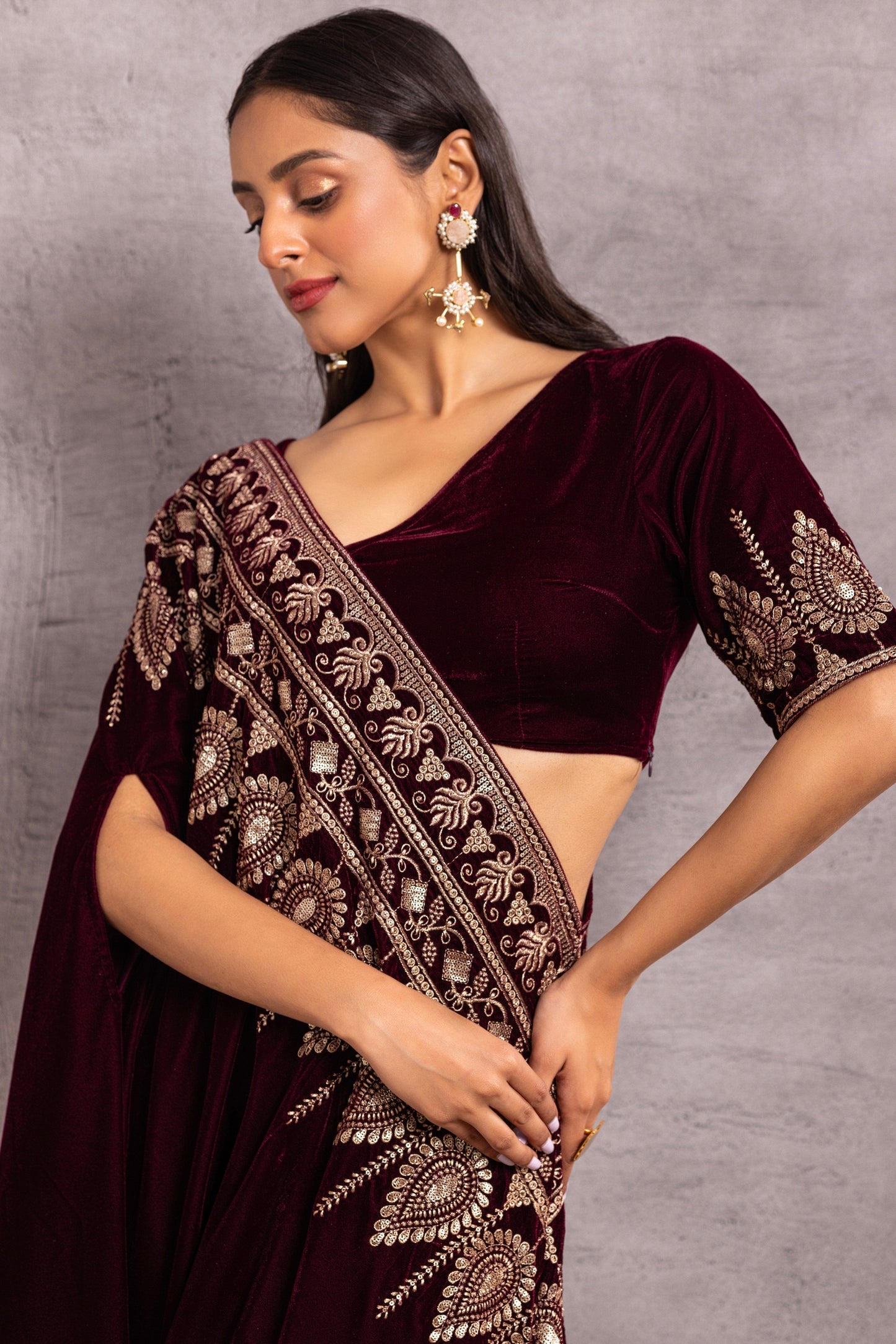 WINE VELVET Saree drape fusion dress