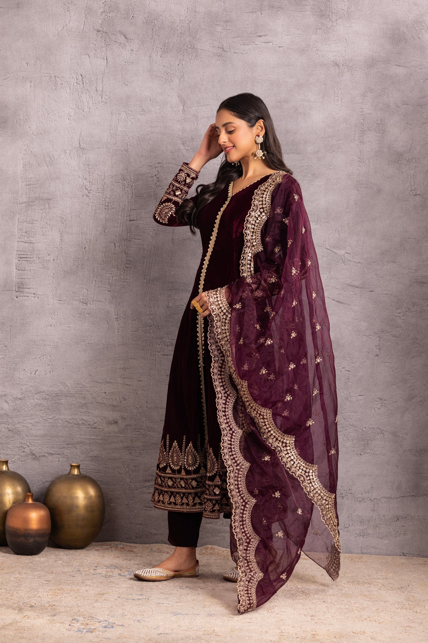 Wine velvet Suit Set with Organza Dupatta