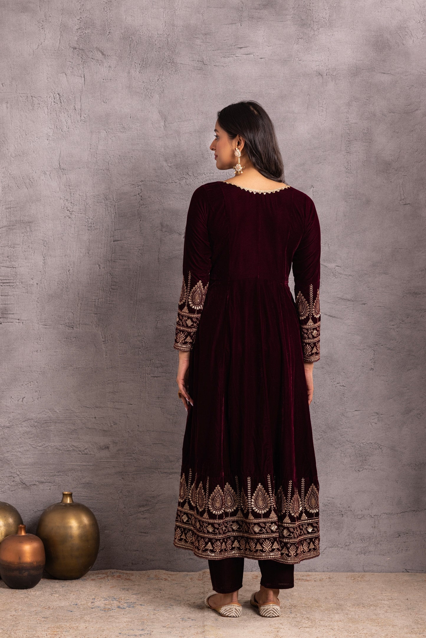 Wine velvet Suit Set with Organza Dupatta